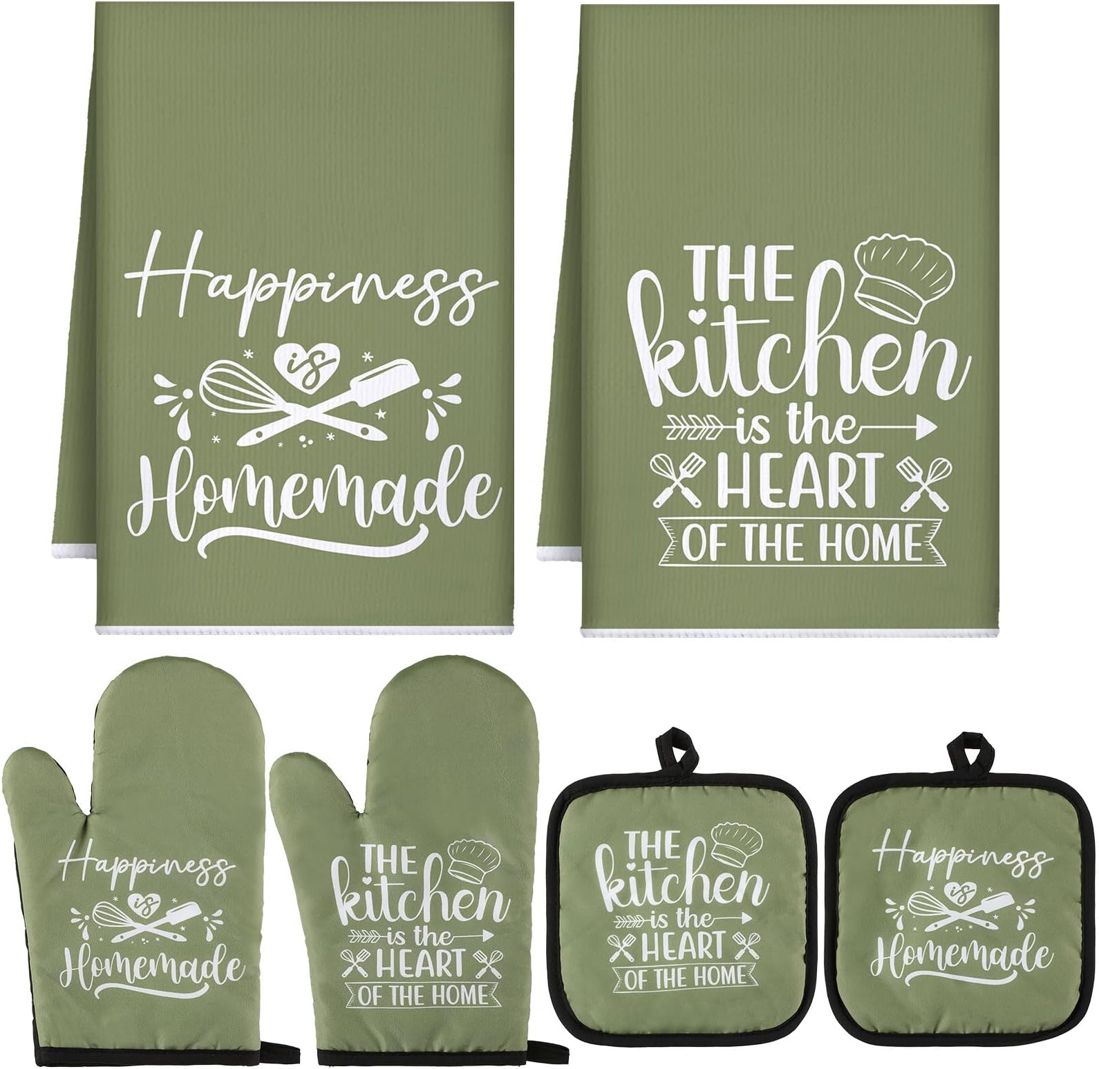 Sratte 6 Pcs Kitchen Decor Accessories Set Farmhouse Towels Pot Holders Oven Mitts Set 2 Dish Towels 2 Potholders 2 Cooking Mittens Oven Glove for Christmas Baking Cooking Supply(Green,Kitchen)