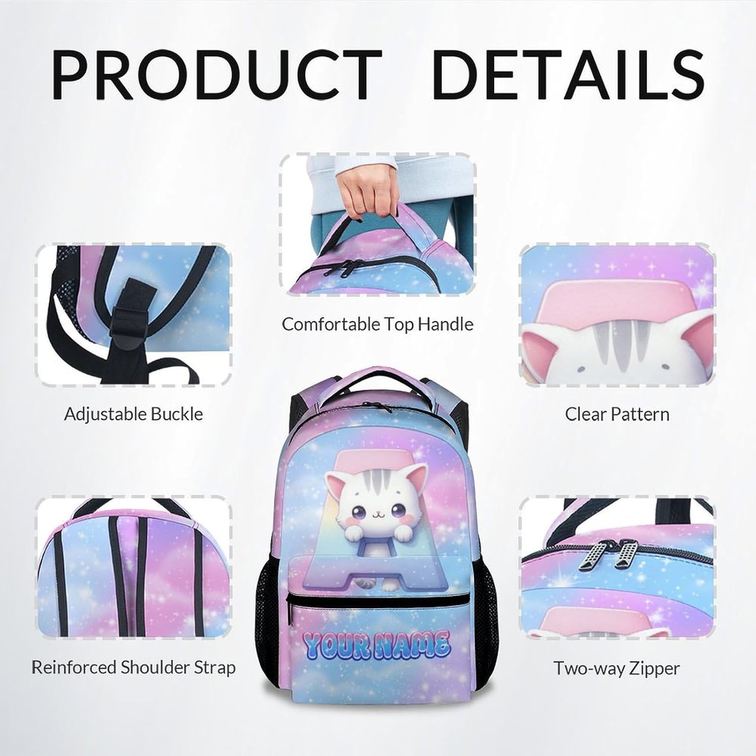 Backpack for Kids - Personalized Cat Backpacks with Name/Initials for Girls Boys - Custom Toddler Bookbag Gifts for Daughter Son - Cute School Bag for Kindergarten/Preschool/Elementary(17 Inch)