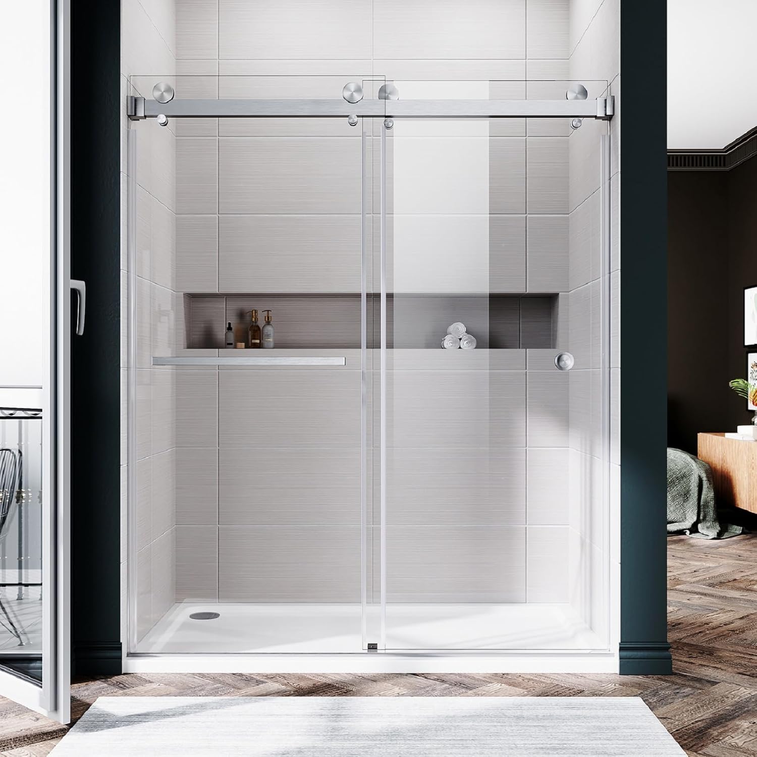 56"- 60" W x 72" H Frameless Double Sliding Shower Door, Stainless Steel Bypass Shower Door in Brushed Nickel with 3/8" (10mm) Certified Tempered Clear Glass UKD01-6072-BN