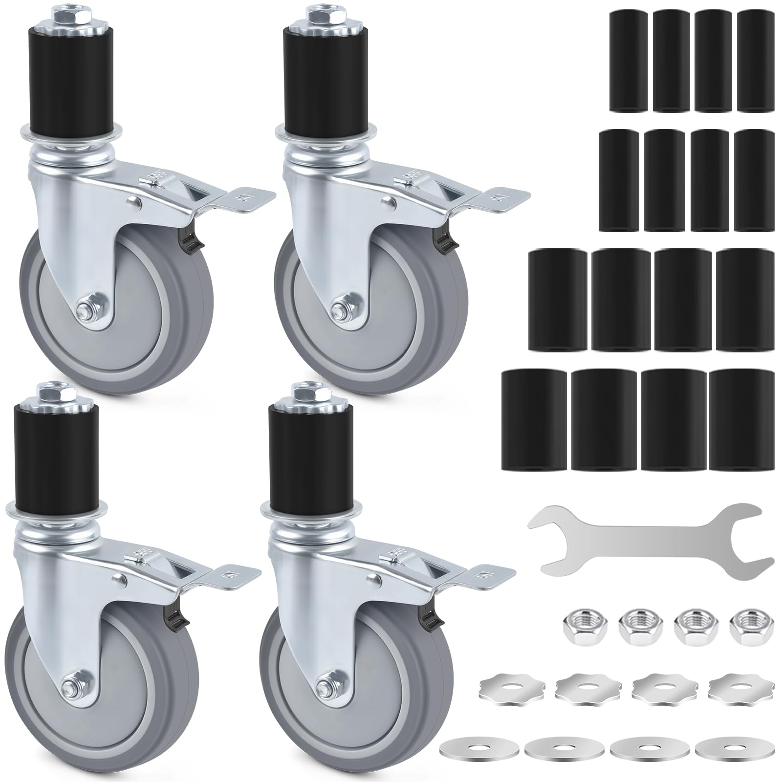 Zestaw 4-calowych kółek jezdnych do stołu roboczego, 4 wytrzymałe, rozszerzalne kółka jezdne pasujące do nóg rurowych o średnicy 7/8", 1", 1-1/2", 1-5/8" z hamulcem do stołu ze stali nierdzewnej, w