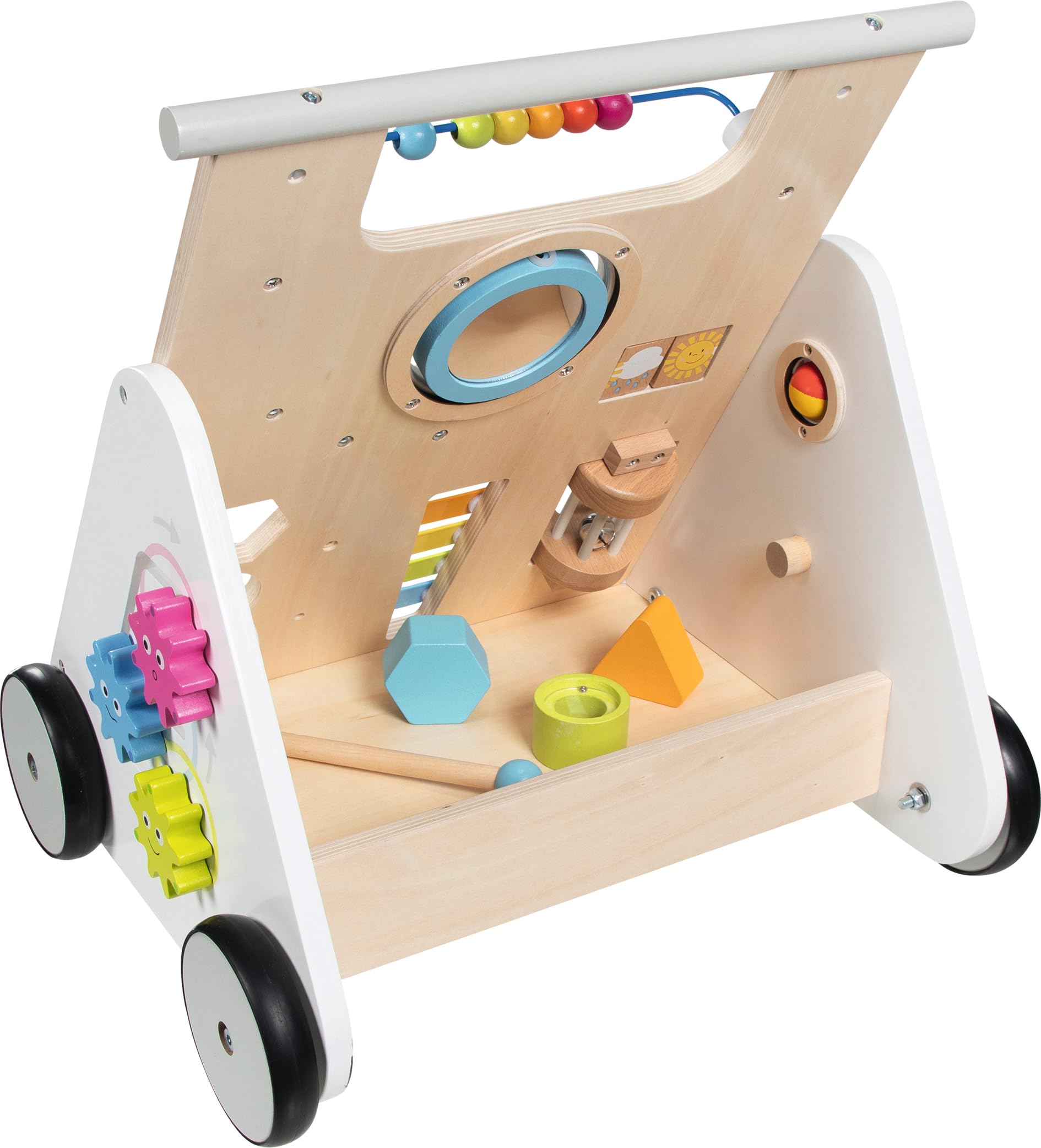 goki 59961 - Lauflernwagen KiddyCruiser aus Holz, Multifunktionale Lauflernhilfe mit Kugellabyrinth, Xylophon, Spiegel, Sortierbox, Drehpuzzle, Bremse und vieles mehr, 33cm x 41cm x 44cm, ab 1 Jahr