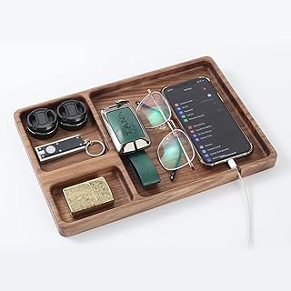 Walnut Wooden Valet Tray – Bedside Table Organizer for Men Dad, EDC Catc...