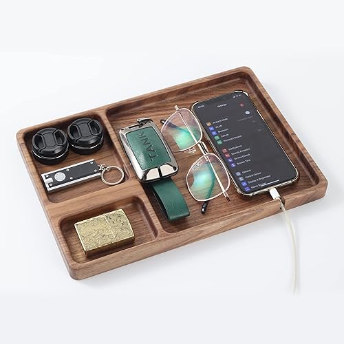 SEEDWAVE Walnut Wood Valet Tray for Dad - Nightstand Organiser Men Women, Everyday Carry Tray for Father's Day Gift, Bedside Table Organiser for Key Jewelry Wallet - No Engraving