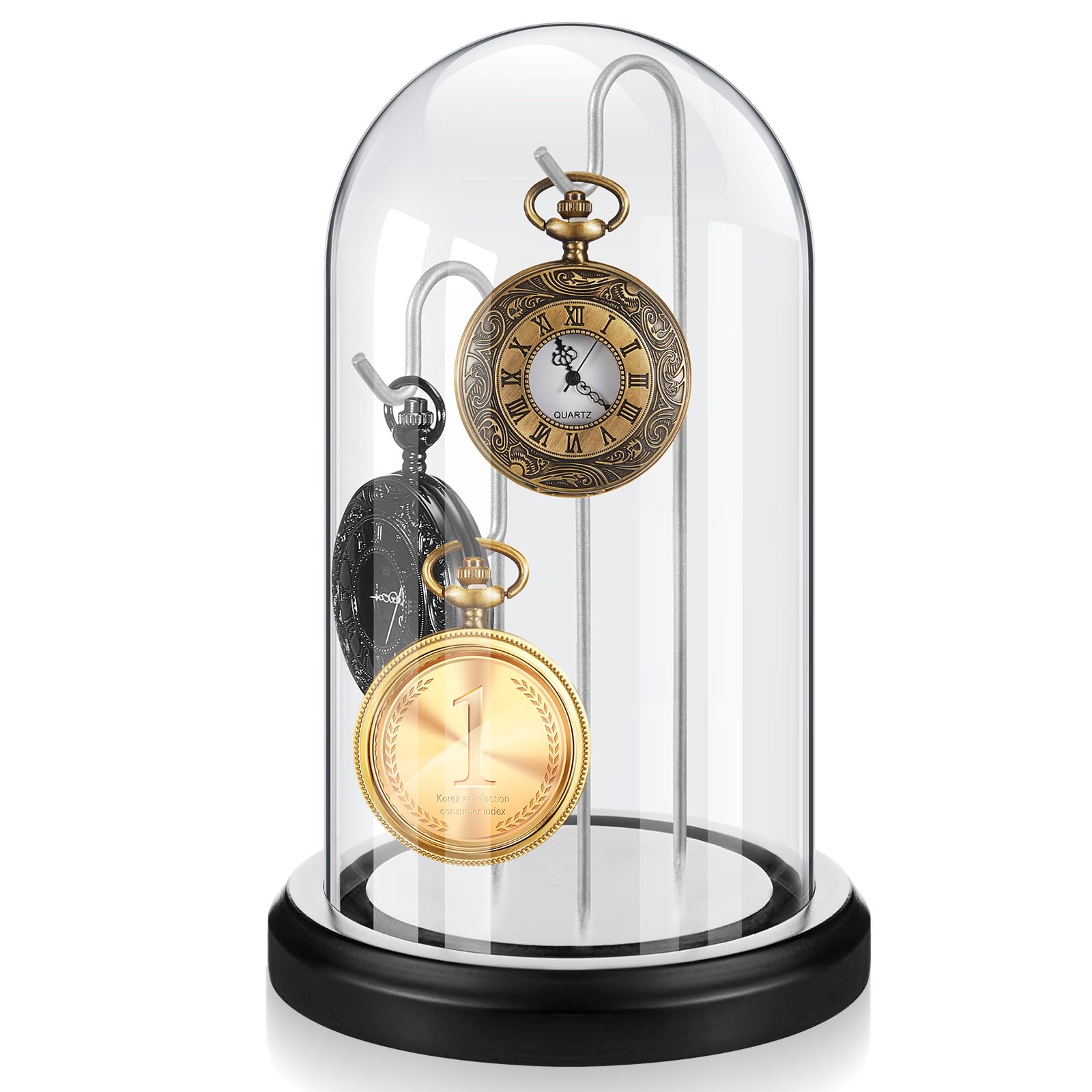 Beeveer Reloj de bolsillo de 4 x 7 pulgadas con cúpula de cristal con 3 ganchos, soporte transparente para reloj de bolsillo, vitrina de cristal con base de madera para adornos, medallas