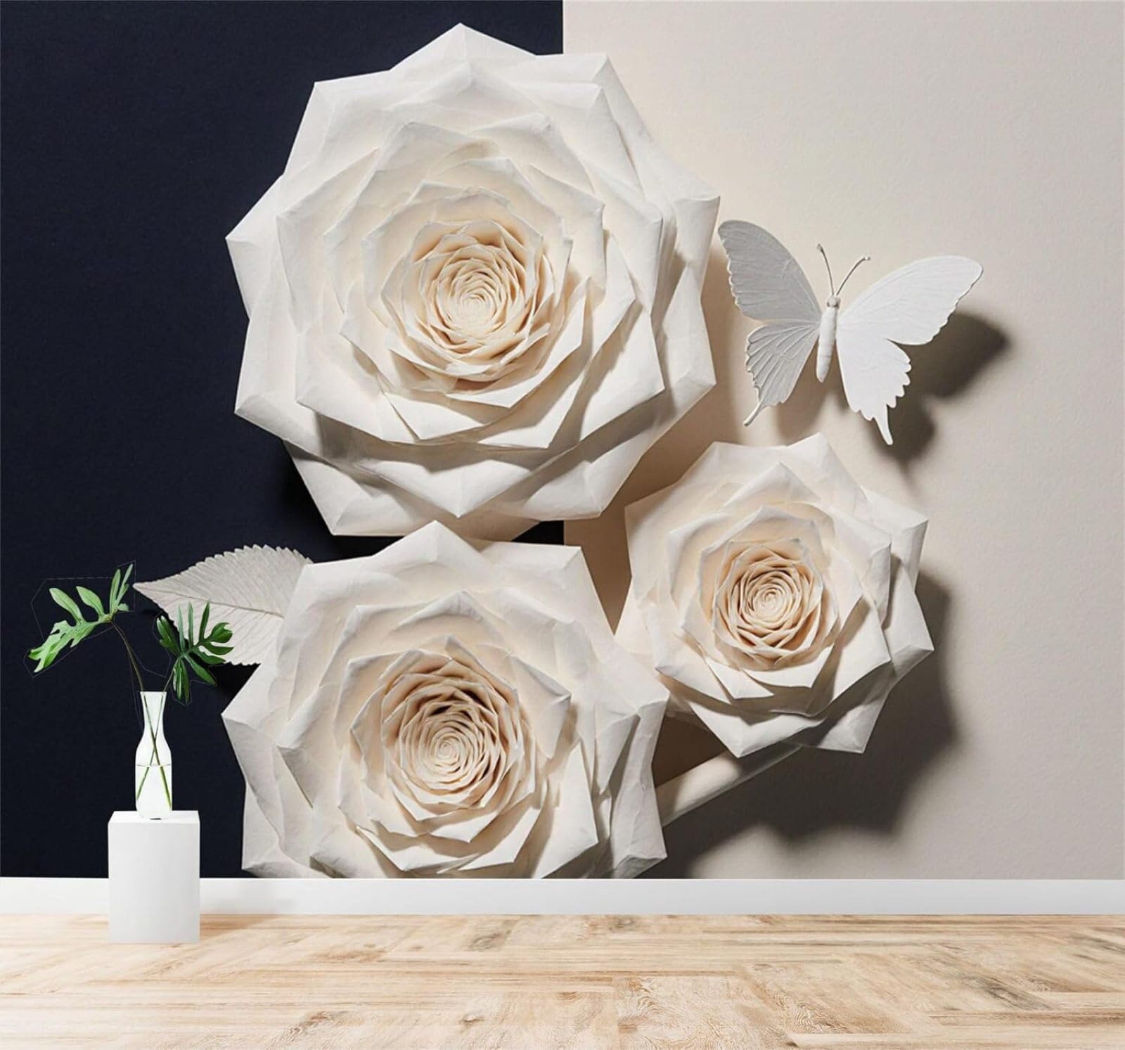 XLMING Minimalist Three Dimensional White Rose Butterfly 3D Wallpaper Silky Texture Home Study Office Grey Dining Room Sofa Bedroom Living Room TV Backdrop-200cm×140cm