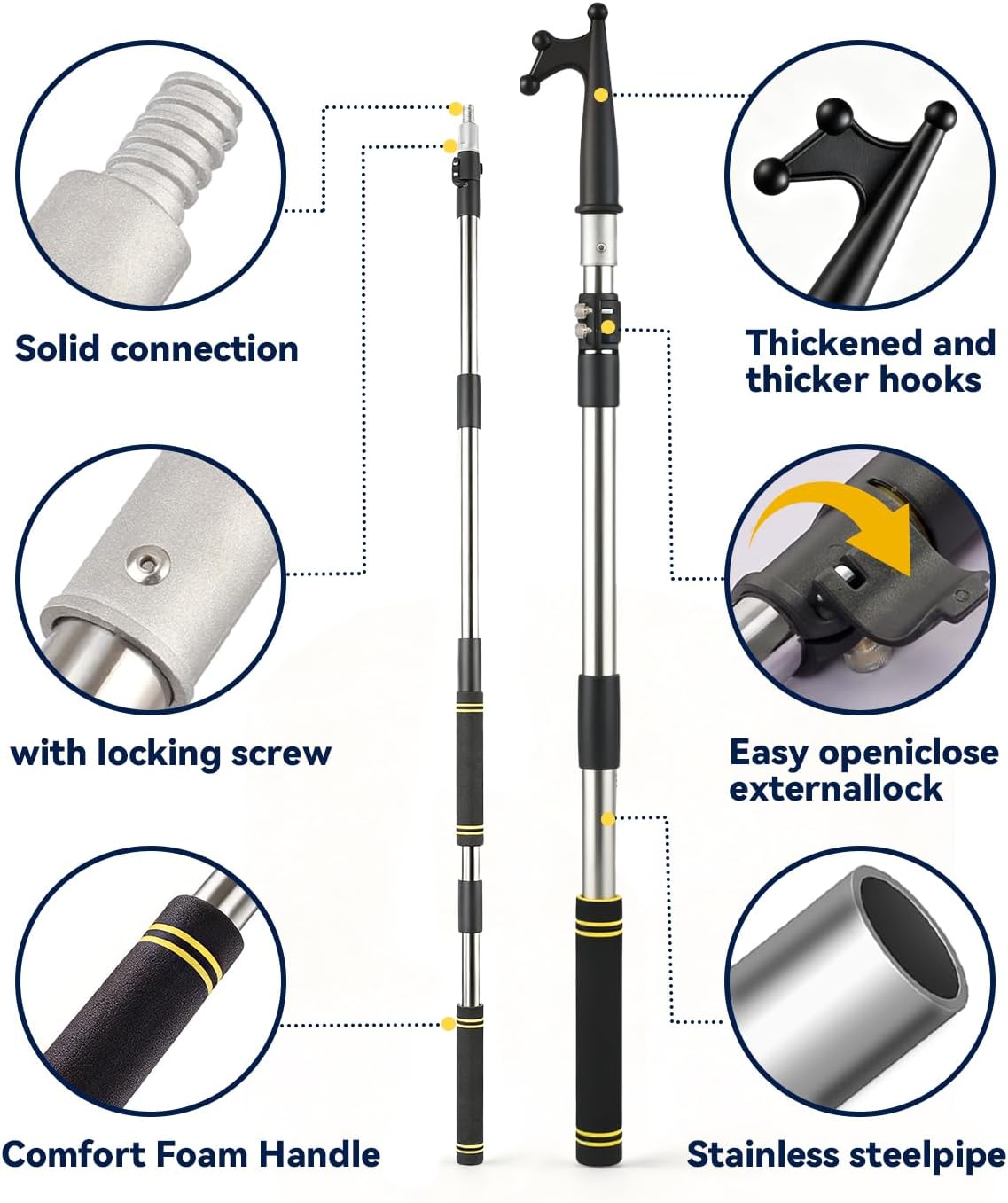 Telescoping Boat Hook Pole, 2.4–12 Ft Heavy-Duty Boat Hook Pole with Non-Slip Grip and Stainless Steel Boat Hook for Safe Easy Docking Every Time Adjustable and Compact for Every Adventure
