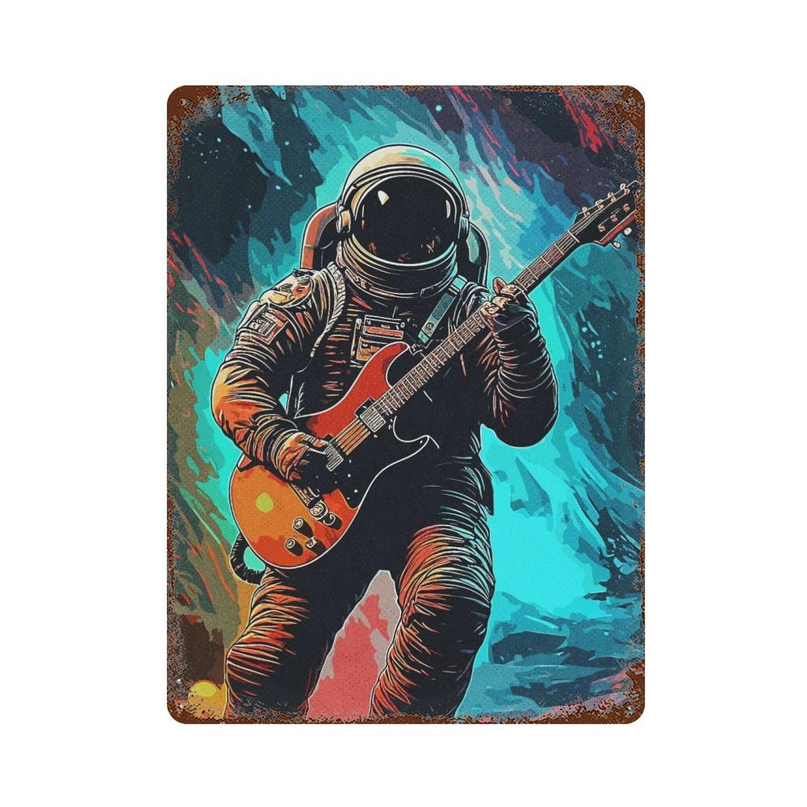 Decorative Tin Sign with Guitarist Astronaut Design 15.7"x11.8", for Farmhouse, Kitchen And Entryway Decor, Decorative Metal Wall Art