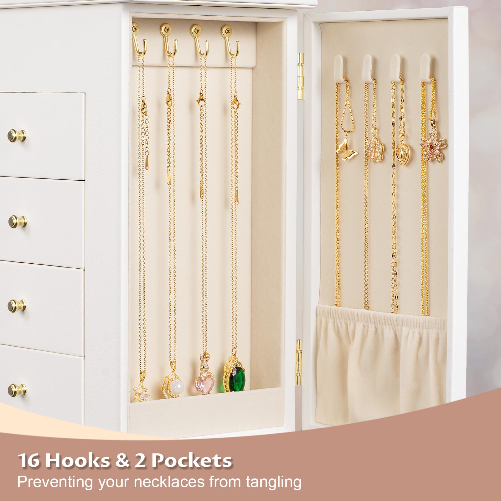 Schmuckkästchen, Schmuckaufbewahrung, Schmuckkasten Groß Leder für Halsketten Ohrringe Armbänder Ringe, 5 Ebenen Schmuck Organizer Schmuckbox mit Schubladen und Spiegel (Weiß)