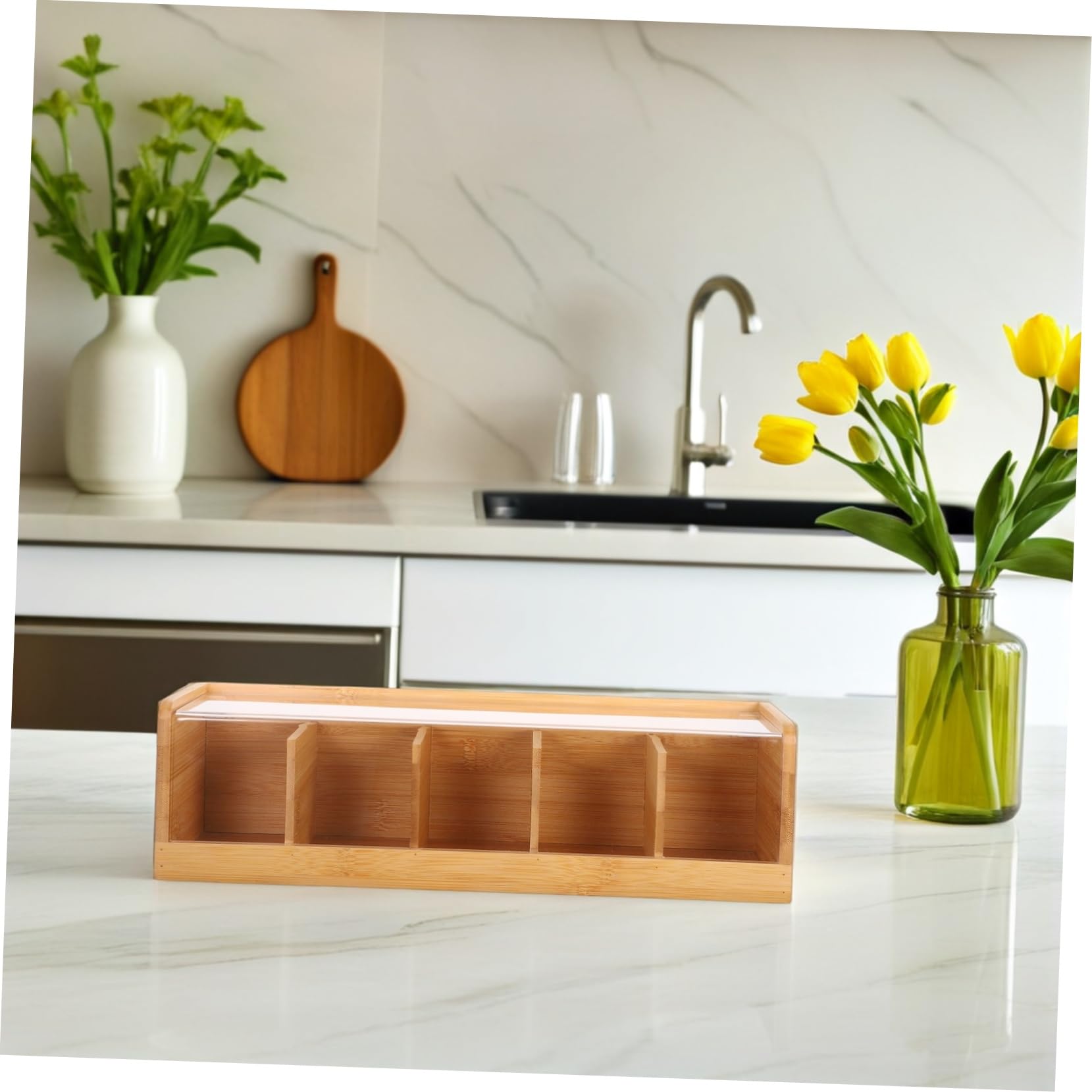 COLLBATH Caja de Bolsitas de Té de 5 Compartimentos en Bambú con Tapa