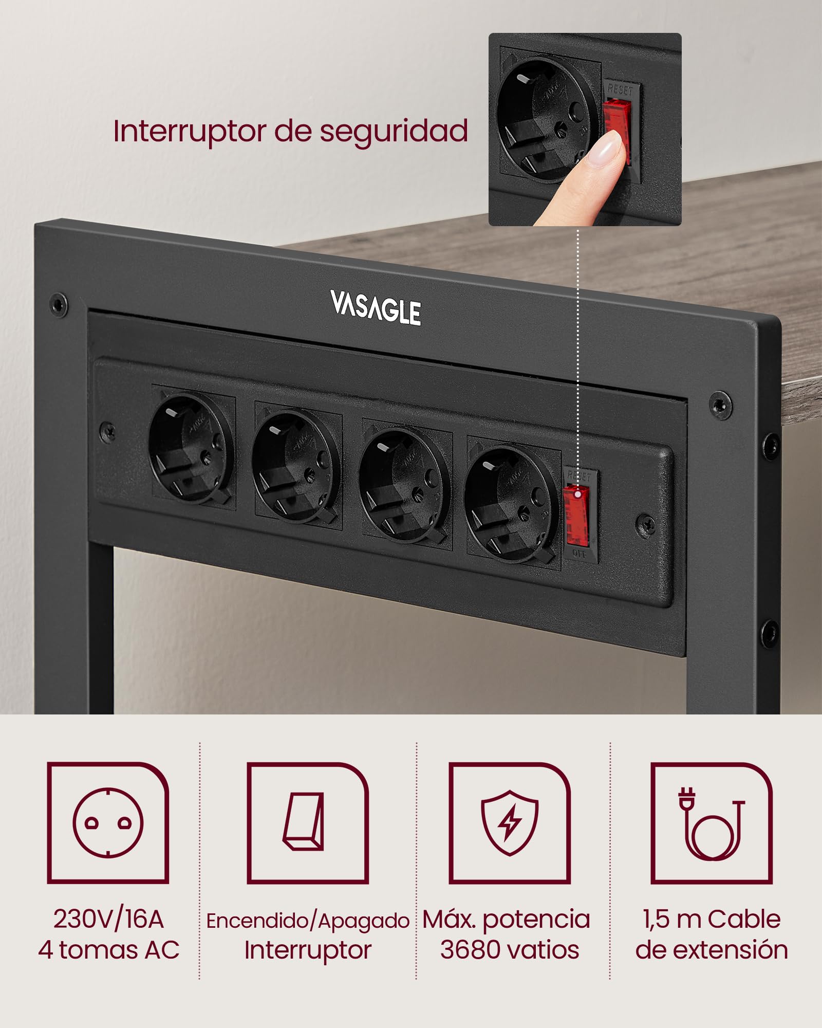 VASAGLE Estantería de Cocina con Enchufes, 2 Cestas de Malla, Estantería para Microondas, con Estantes y Ganchos, 35 x 80 x 93,5 cm, Estilo Industrial, Greige Mélange y Negro Tinta KKS196K02