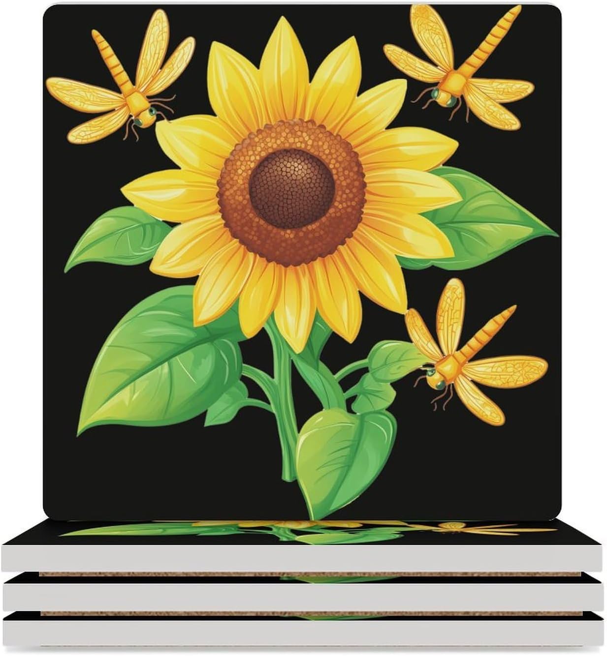 Dragonfly Sunflower Ceramic Coasters Set Square Drink Coasters Table Coaster for Kitchen Desktop Decor