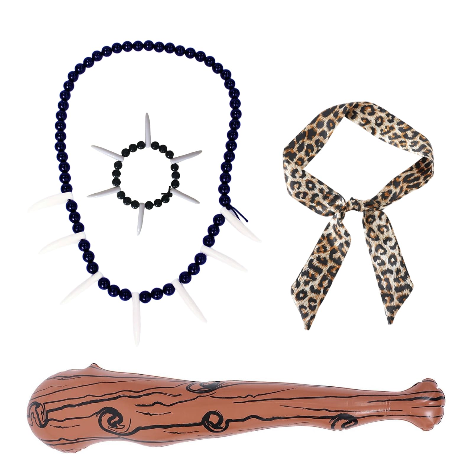 4 Pieces Caveman Costume Accessories Adult Kids, Stone Age Themed Wild Cave Outfit, Cave Club Wild Inflatable Wooden Stick Leopard Ribbon Ivory Bracelet Necklace, for Halloween Cosplay Accessory