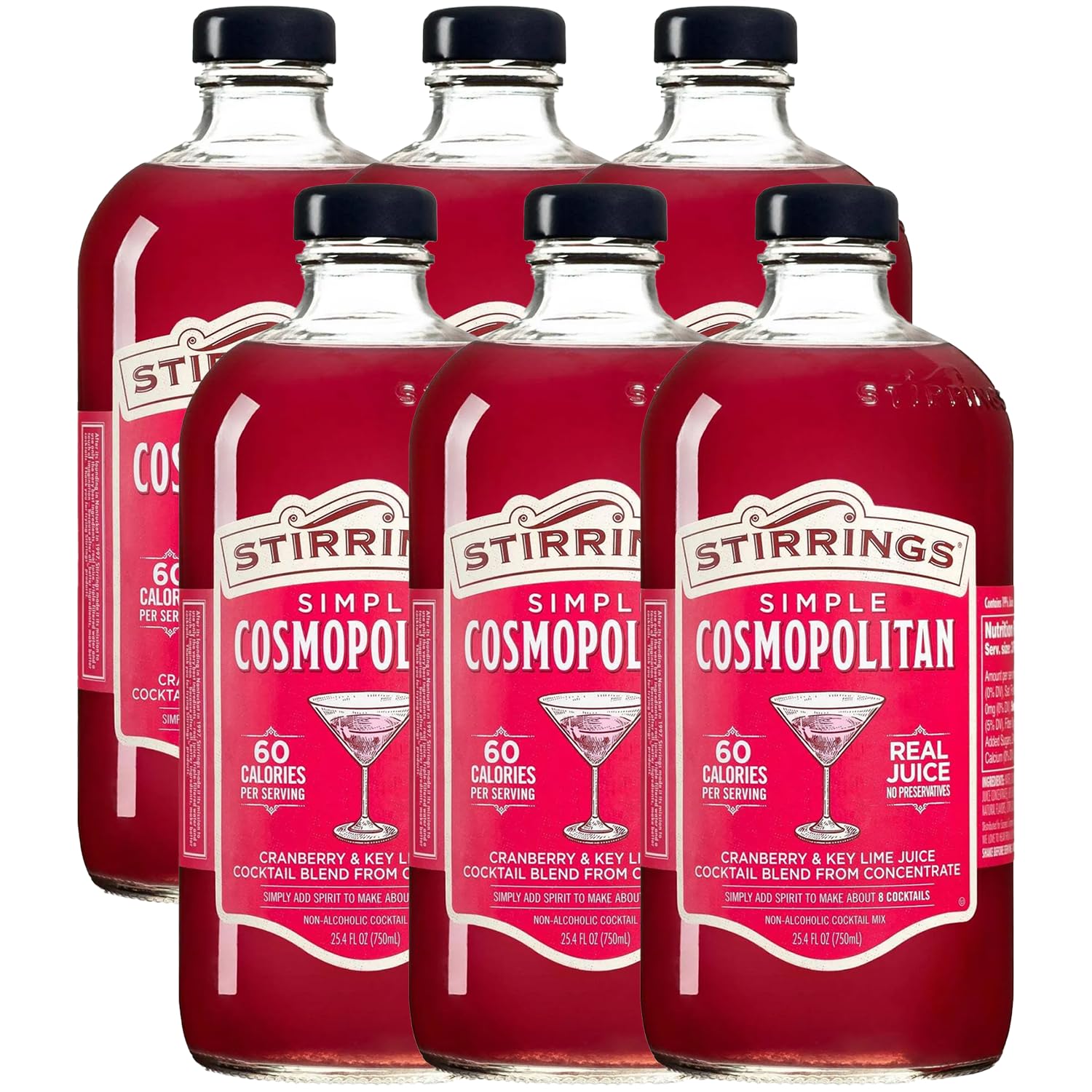 Stirrings 6 Pack Cosmopolitan Cocktail Mix 750ml Bottles - Real Juice No Preservatives - 90 Calories - Drink Mixer