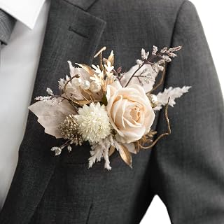 Ling's moment Single Pocket Boutonniere for Man Groom, Artificial Flowers for Wedding Decor/Prom/Homecoming/Graduation, etc.White Beige