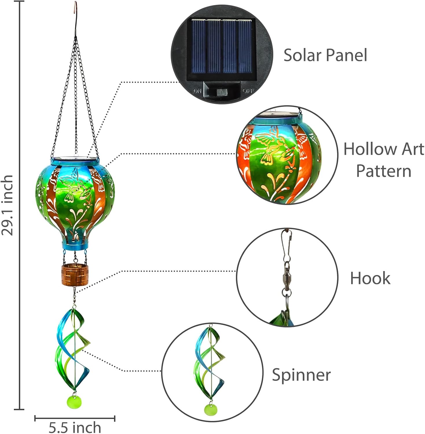 Hot Air Balloon Solar Lantern Hummingbird Wind Spinners with Flickering Flame Light Hanging Solar Lantern Outdoor Waterproof Decorations for Outside Patio Garden Yard