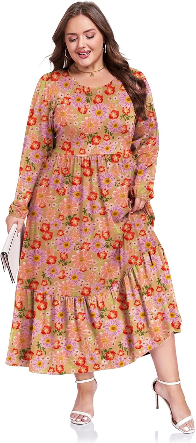 Moon Wood Women's Plus Size Maxi Dress Empire Waist Crew Neck Long Sleeve Dress with Pockets, Long Casual Dreses Daily Wear