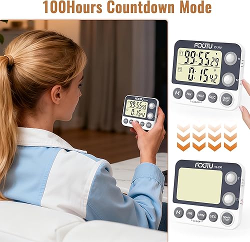 Miniatura 5 de Digital Dual Kitchen Timer with Magnetic Back & Memory Presets, 2 Groups Countdown/Up Stopwatch Timer, 3-Level Volume + LED Alert, On/Off, 100Hr Max
