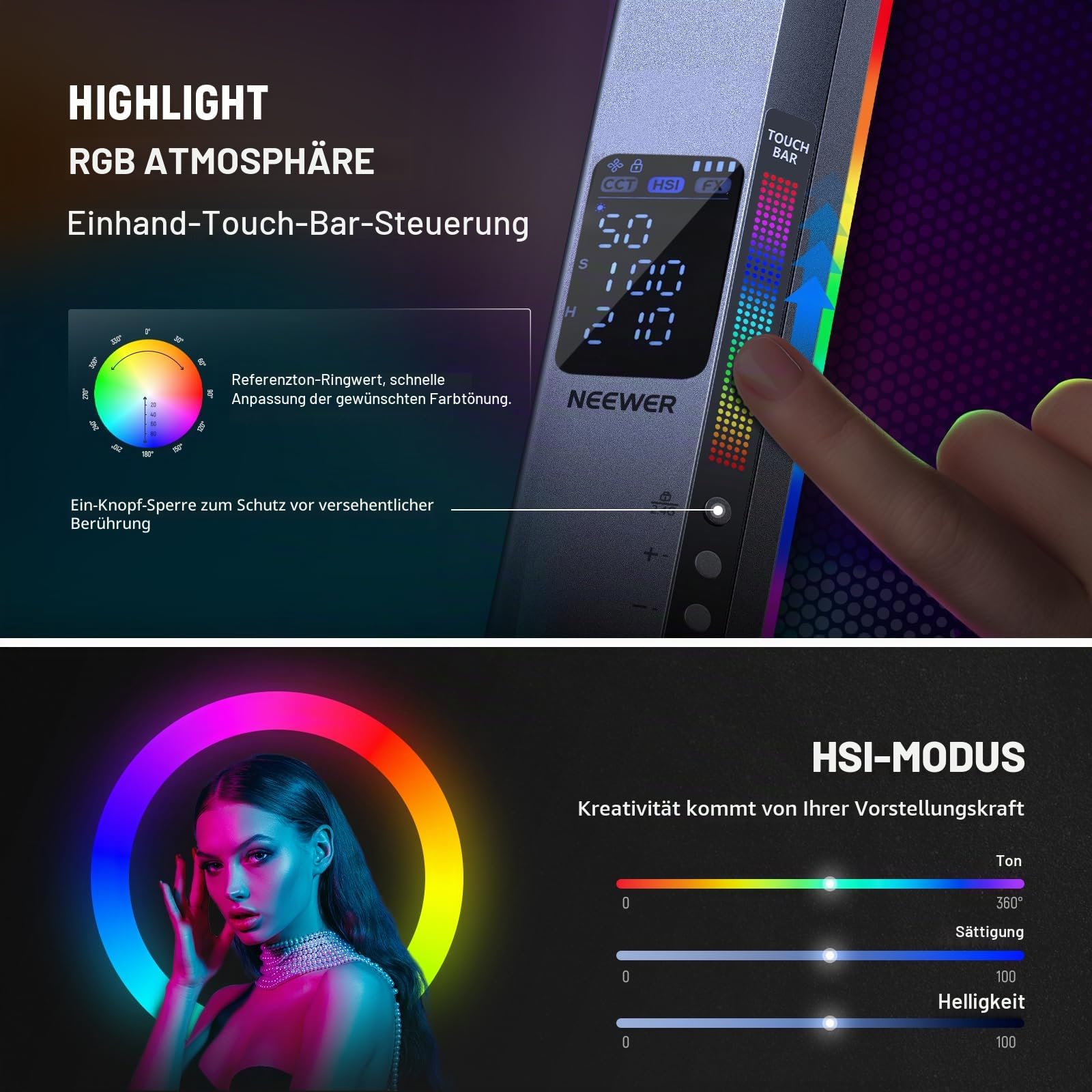 Neewer RGB2 LED Videoleuchte Lichtstab mit Metall Scheunentor Griff Touchleiste/APP/2 – Bild 3