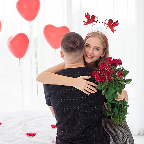Miniatura 4 de Didiseaon Diadema de Cupido, 2 unidades, diadema de corazón con oropel para el día de San Valentín, corona de ángel para mujeres y niñas, tiara roja