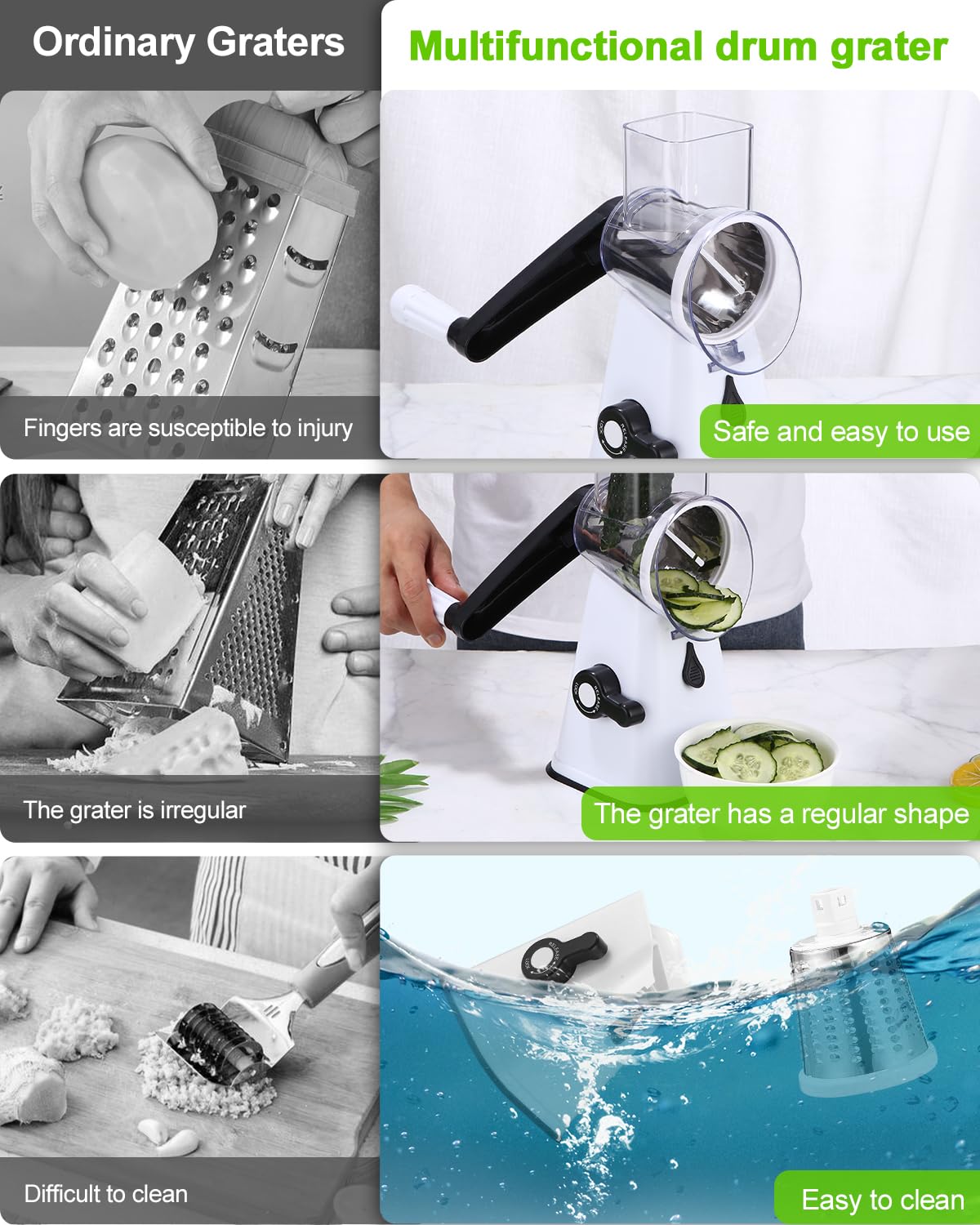 Birshe Cheese Grater with Crank, Grater for Vegetables with 3 Drum Blades, Drum Grater, Rotary Cheese Grater Chopper and Easy Cutting, Vegetable Slicer, Ideal for Cheese, Cucumbers, Carrots, Nuts