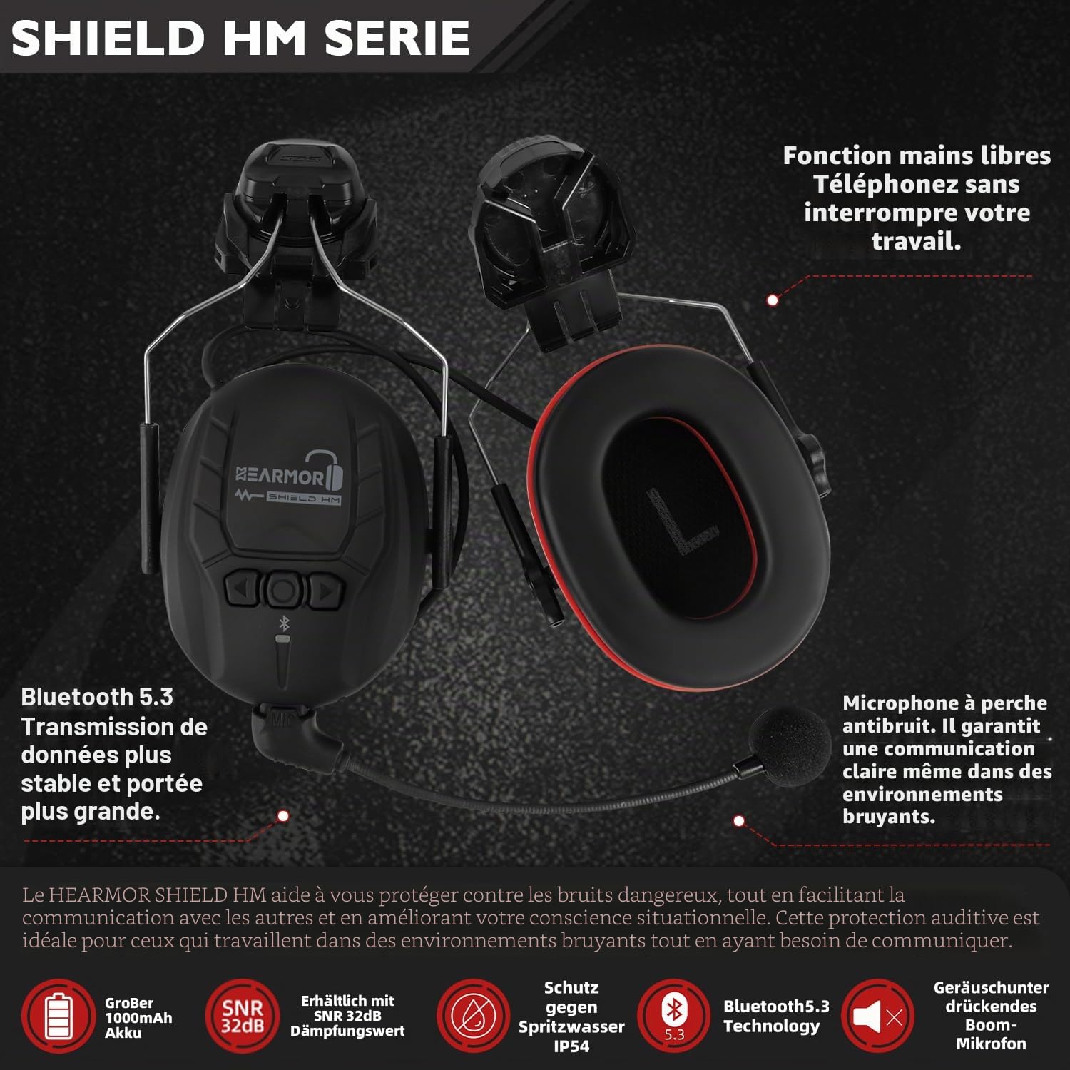 HEARMOR Protection auditive Bluetooth rigide, protection contre le bruit SNR 32 dB, protection auditive fixée au casque pour les travaux de tonte et les travaux à forte intensité sonore