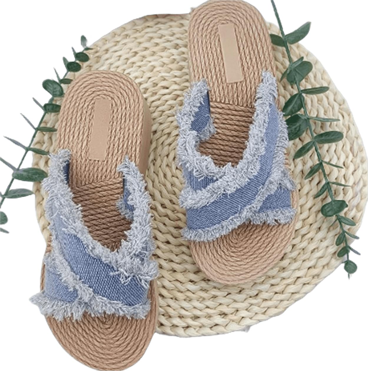 TYOMXA Denim Slipper Slide Sandals For Women with Cross Design & Straw Sole Fashionable Indoor & Outdoor Comfort Step into Style