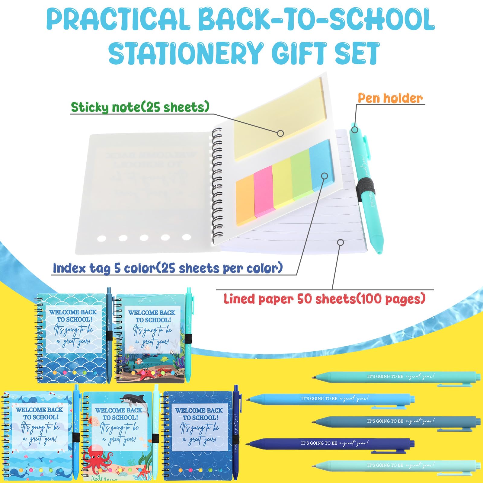 Dunzoom 40 quaderni con scritta "Welcome Back to School", 20 quaderni per il primo giorno di scuola, con linguette adesive, set di 20 penne ispiratrici per insegnanti e studenti (oceano, blu)