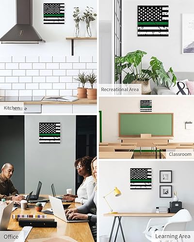 Miniatura 5 de Reloj de pared de madera con bandera de línea verde fina, silencioso, sin tictac, bandera estadounidense, rayas verdes, reloj de pared cuadrado,