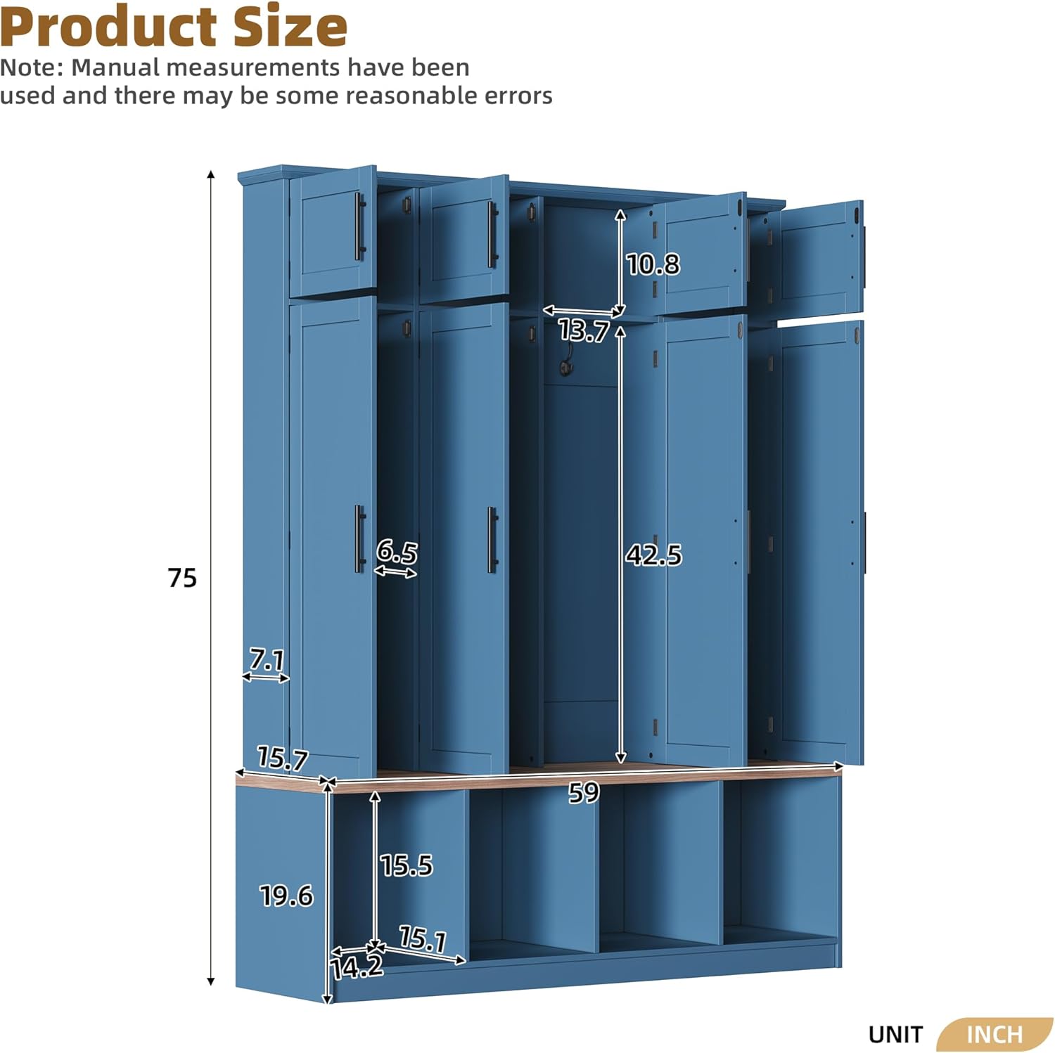 Farmhouse Hall Tree Bench with 8-Door Shoe Cabinet, Entryway Storage Bench with 4 Hooks & Open Compartments, Walnut Seating Benc h for Entryway, Mudroom, Living Room (Blue)