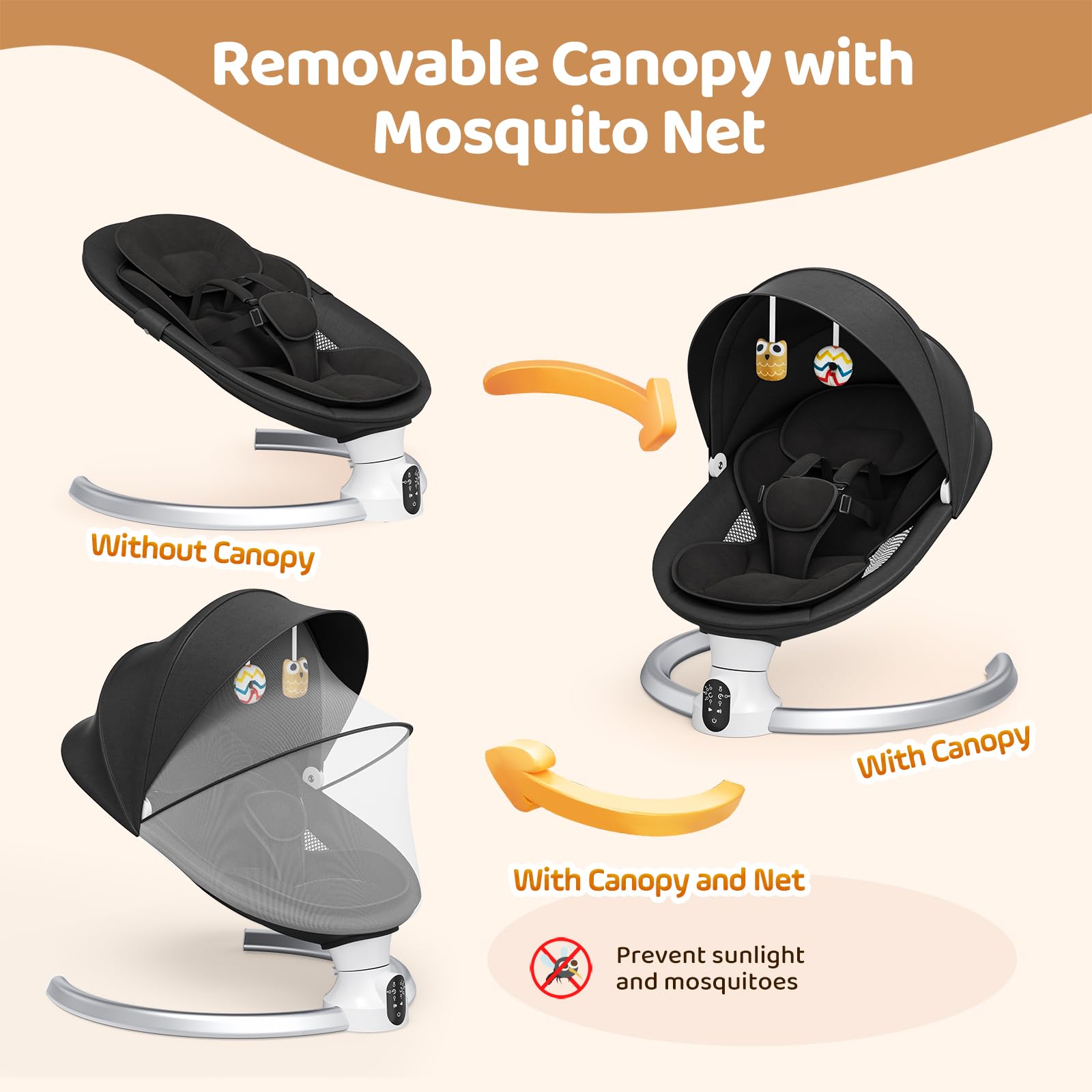 Silla mecedora eléctrica para bebé desde el nacimiento con aplicación móvil y control remoto para recién nacido hasta 9 kg de peso con arnés de seguridad de 5 puntos (negro)