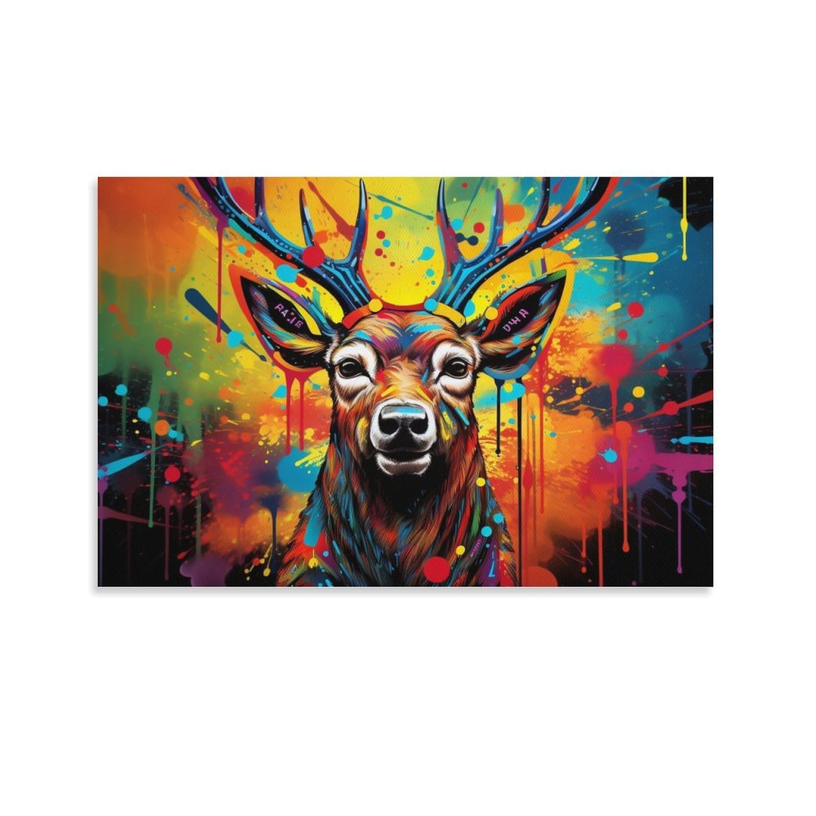 CPLVKWRQJ Bright Magical Colorful Single Vibrant Deer Graffiti Painting Canvas Wall Art - Housewarming Gift Living Room Focal Point Ready to Hang Decor 08x12inch(20x30cm)