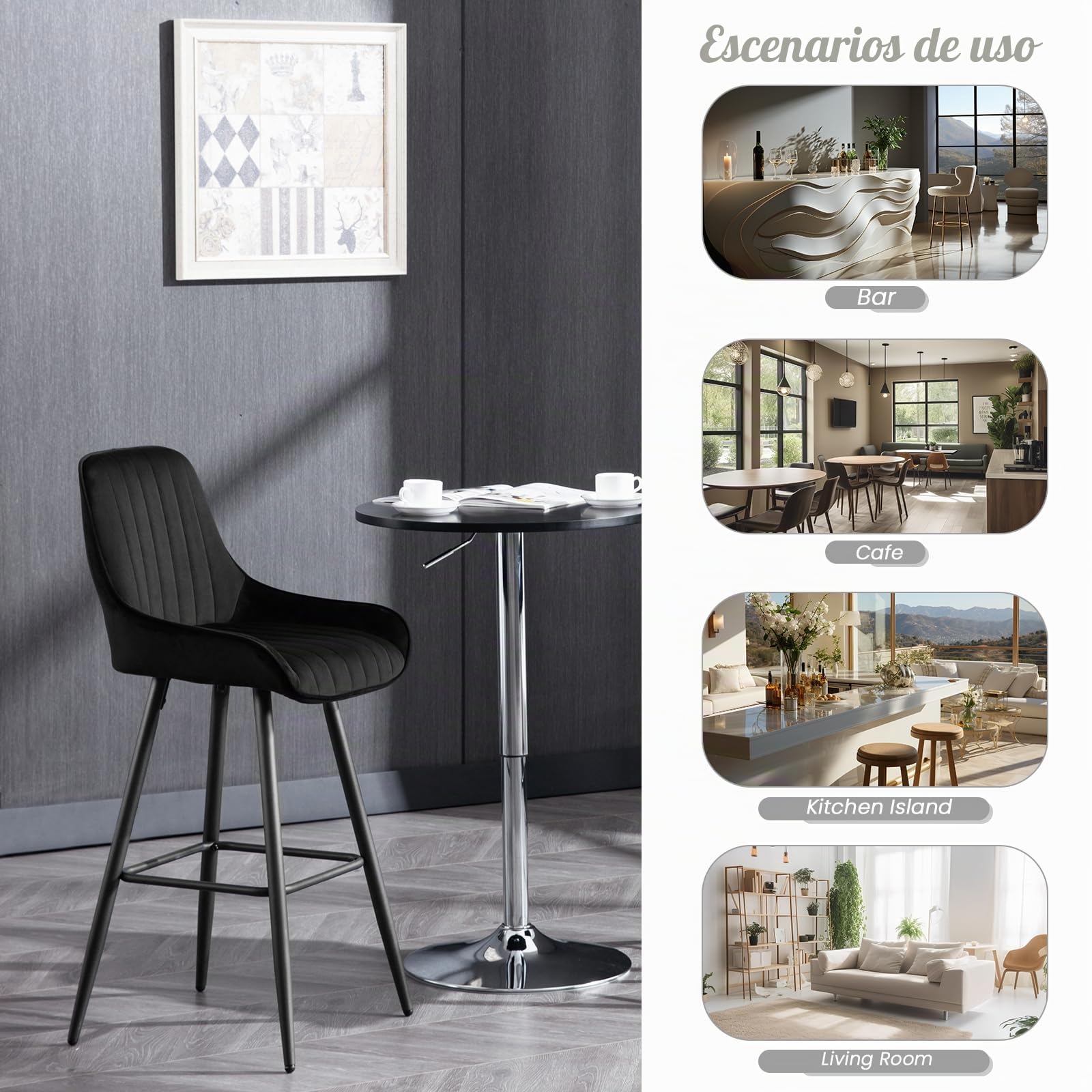 WOLTU 2X Taburetes Altos de Cocina con Respaldo Terciopelo, Negro | para Comedor, Salón y Cafetería