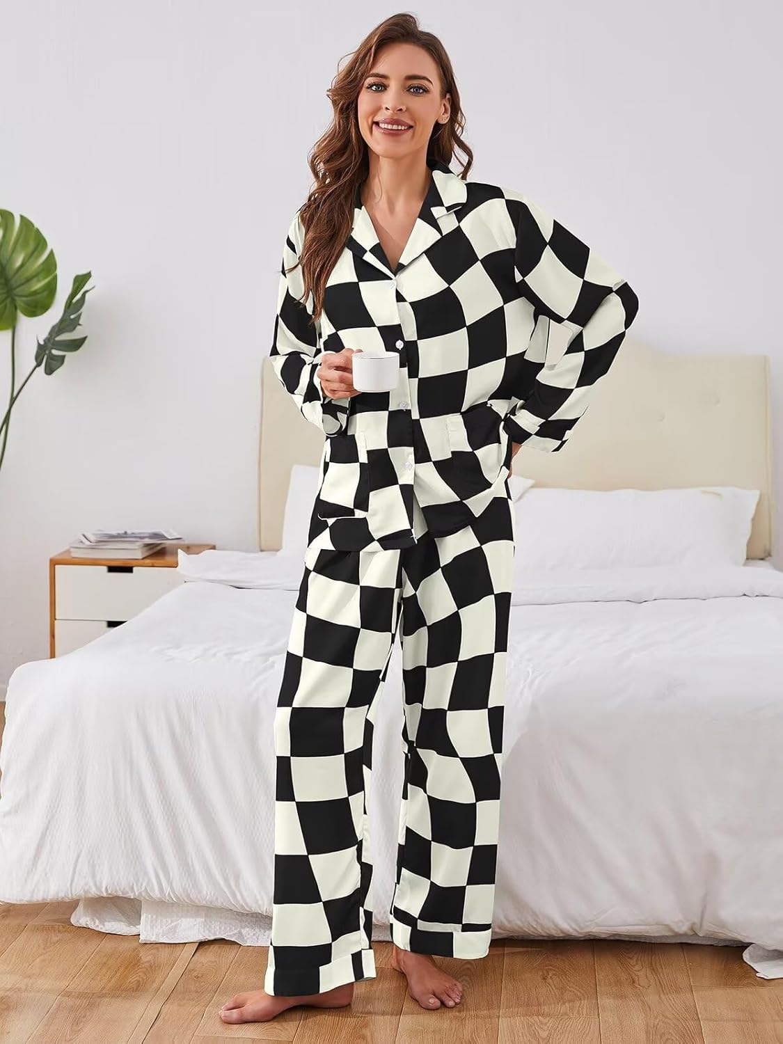 Brosloth Womens Silk Pajamas Button Up Pajama Soft Long Sleeve Satin Printed Loungewear Set - Image 2