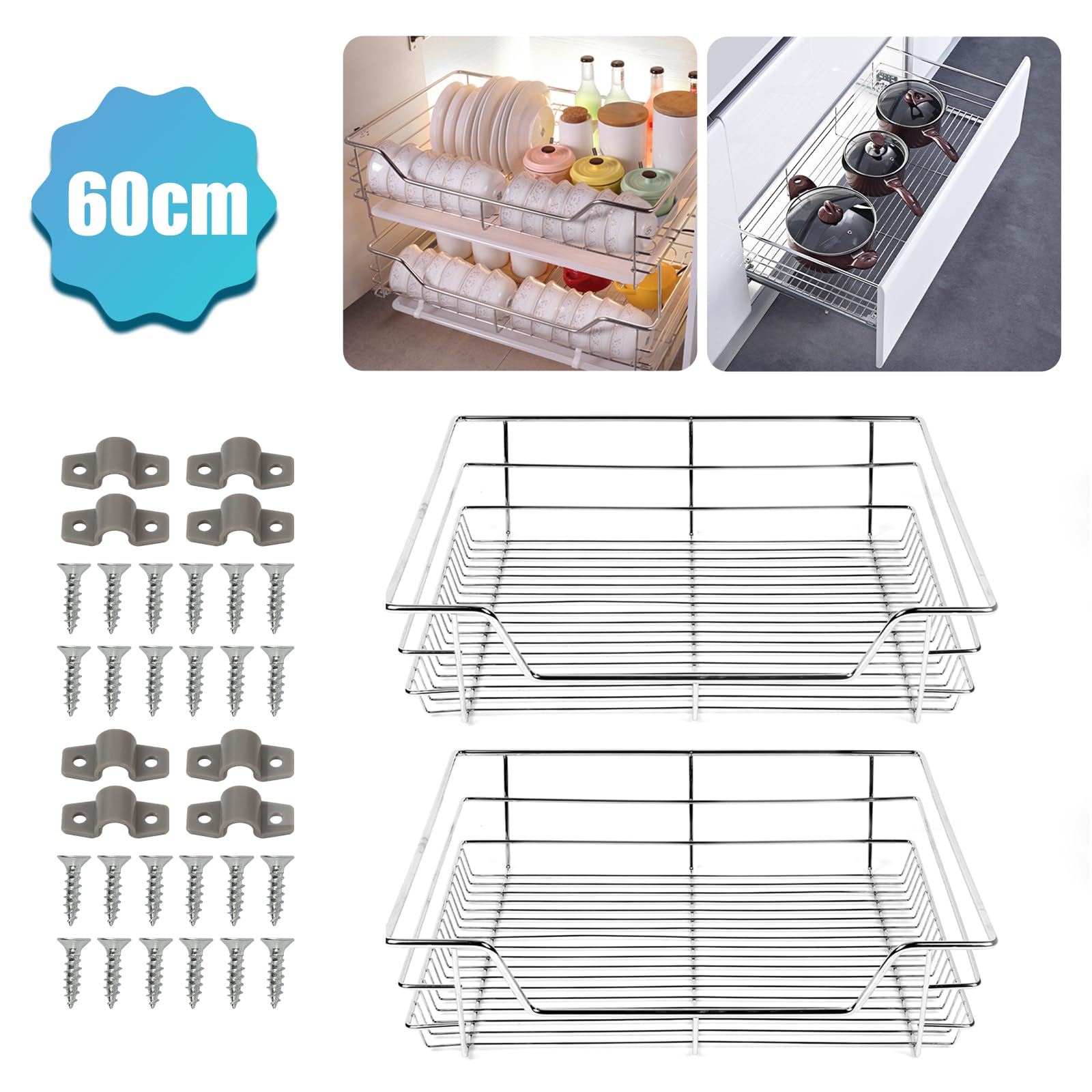 Eulenke 2 Pezzi Cassetto Telescopico 60cm, Schrankauszug Cucina, Cassetto Cucina Organizzatore, Korbauszug Cucina, Mobile Cucina con Sistema a Guide, Armadi Camera da Letto