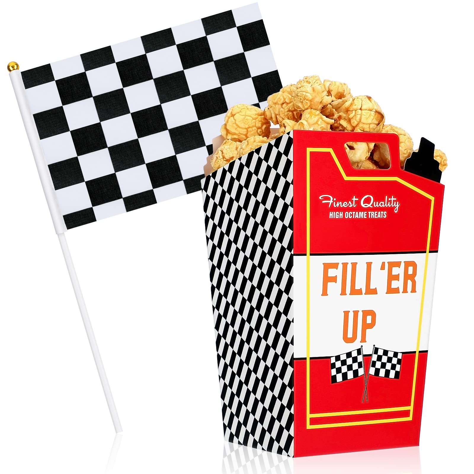 Buy 40 Pieces Race Car Fuel Can Popcorn Treat Boxes with Checkered Black and White Racing Stick