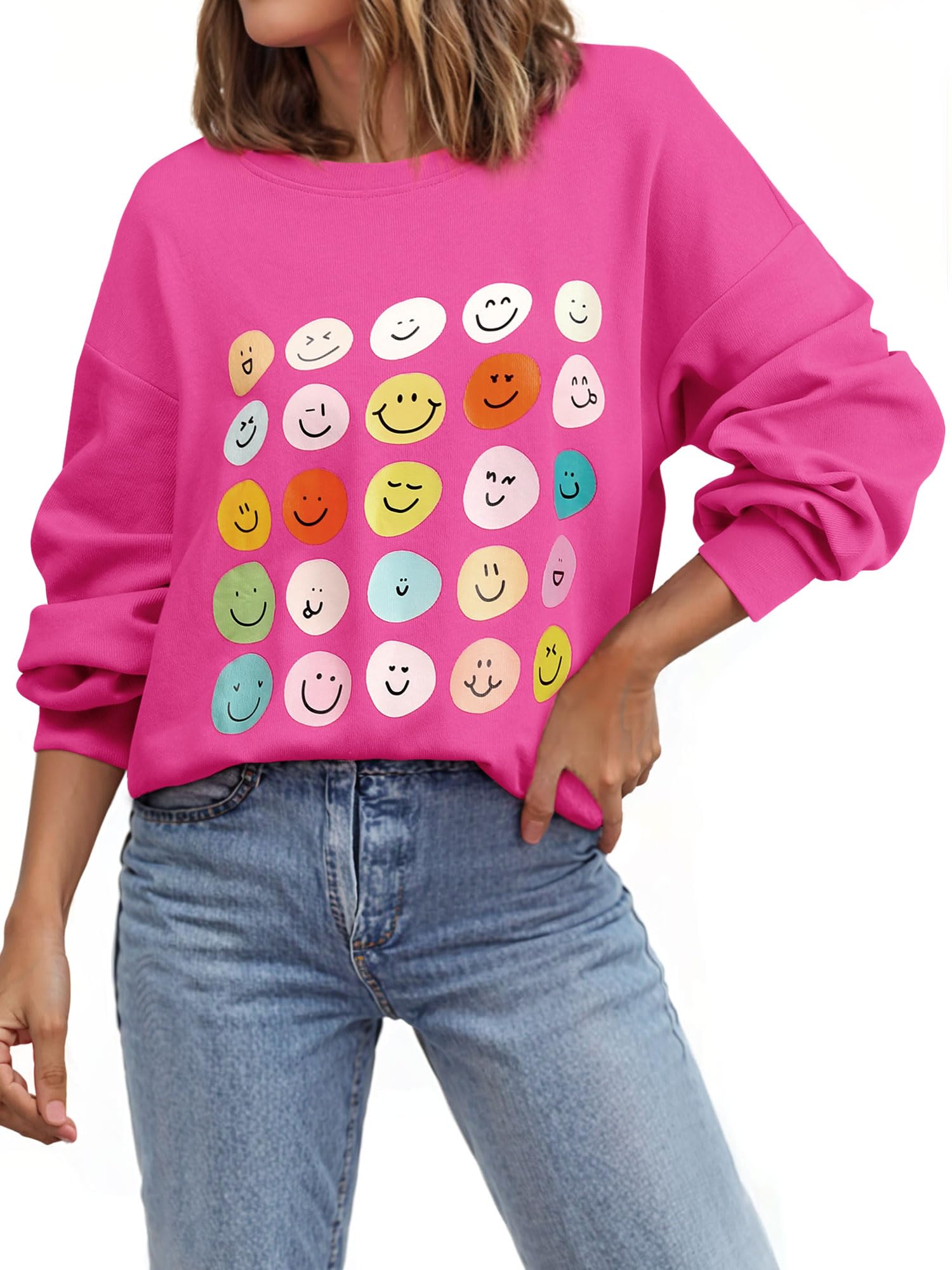 Ezcosplay Women Oversized Preppy Crewneck Ribbed Sweatshirt Happy Face Graphic Cute Y2k Loose Pullover Tops