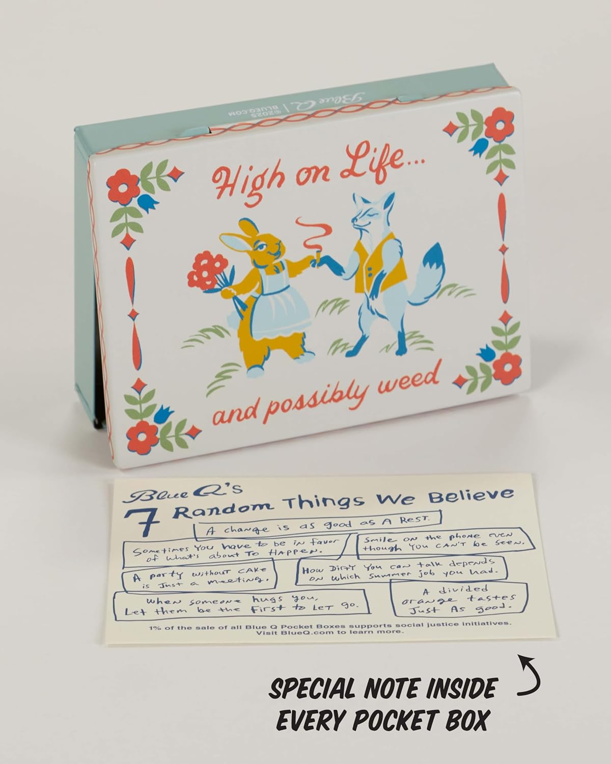 Blue Q Hinged Tin Pocket Box - High on Life Pocket - Small Hinged Tin-Plated Steel Container Organizer for Everyday Carry, Travel, Survival, Mints, Storage and Cards - 4.25"w x 0.75"h x 3"d - Image 4