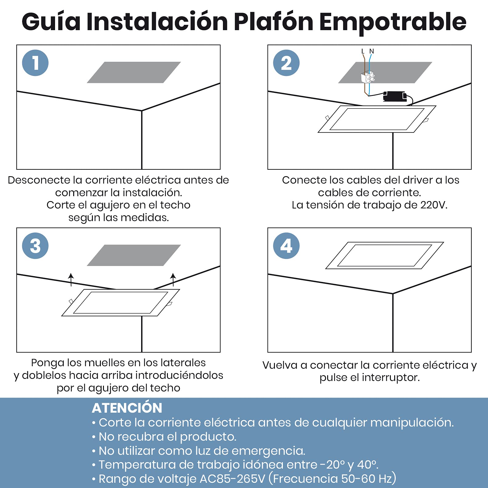 LED ATOMANT 5x Panel LED Empotrable 220mm 18W Color Luz Fria con Sensor | Color Blanco Frio 6500K, 1600 Lumenes, Sensor crepuscular
