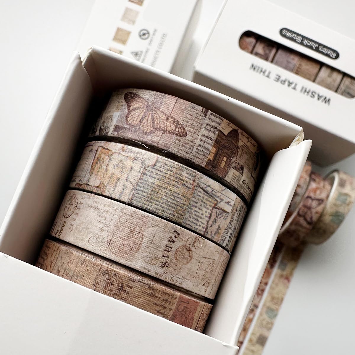 Zestaw 8 rolek taśmy washi w stylu retro, kolorowa, do majsterkowania, upiększania dzienników, planerów, scrapbookingu i pakowania (Junk Books)