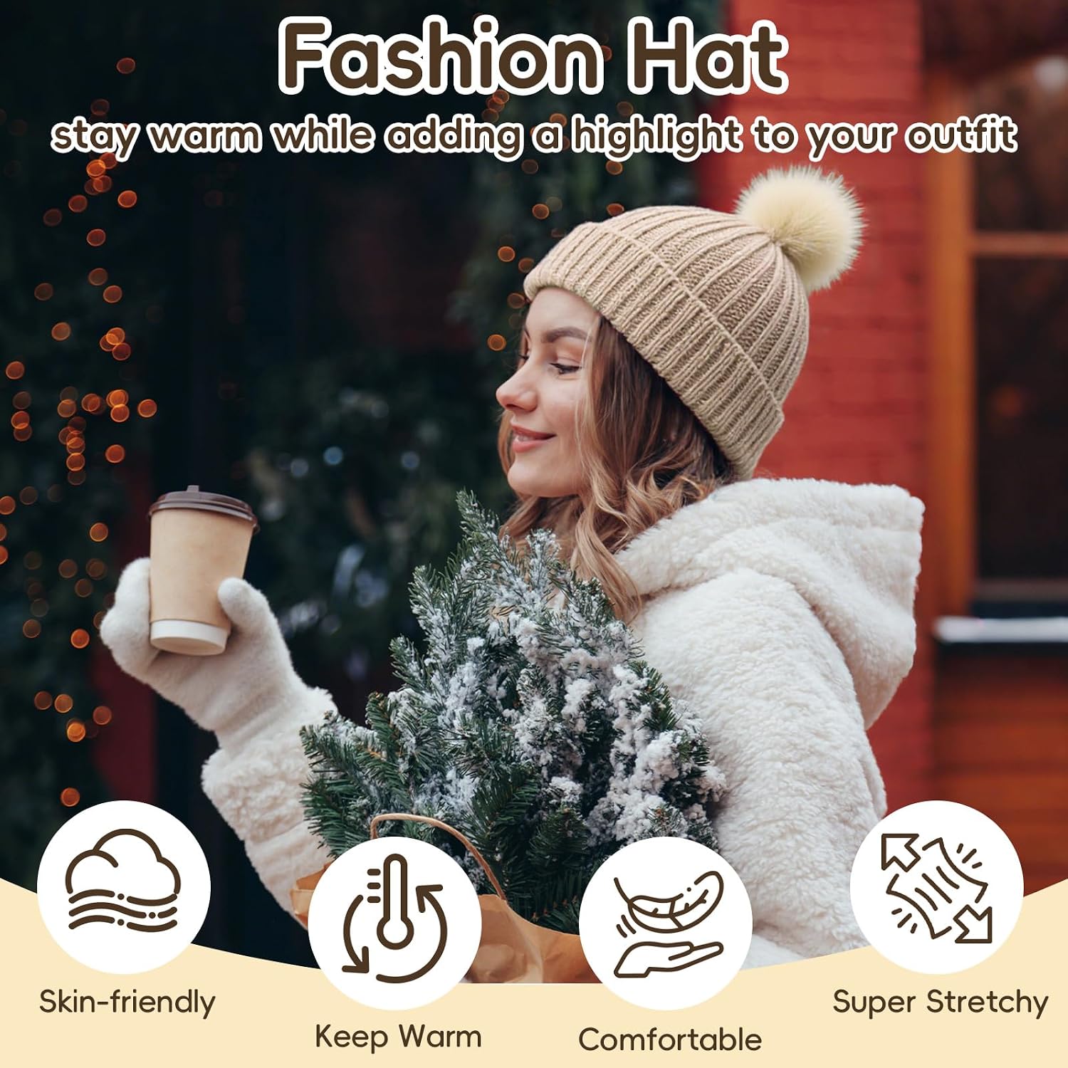 GliCraft Knitting Kits for Beginners Adults Hat Knit Kit with Yarn, Knitting Needles, Faux Pom, Scissors, Measuring Tape Practical and Easy to Use Complete Beginners for Women Men Present (Beige)