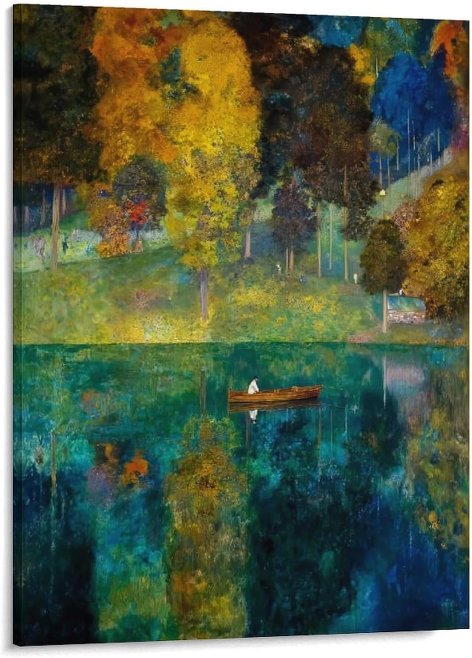 Autumn Serenity Canvas Print, Solitary Rower on Mirror-Still Lake, Vibrant Foliage Reflection in Sapphire Waters Under Pastel Sky, Tranquil Nature Wall Art for Living Room Frame-style-3 11x14inch(28×3
