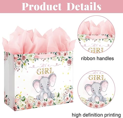 Miniatura 4 de Laidans Bolsa de regalo de cumpleaños para baby shower de 13 pulgadas para niña con papel de seda y tarjeta, diseño de elefante floral rosa con asas
