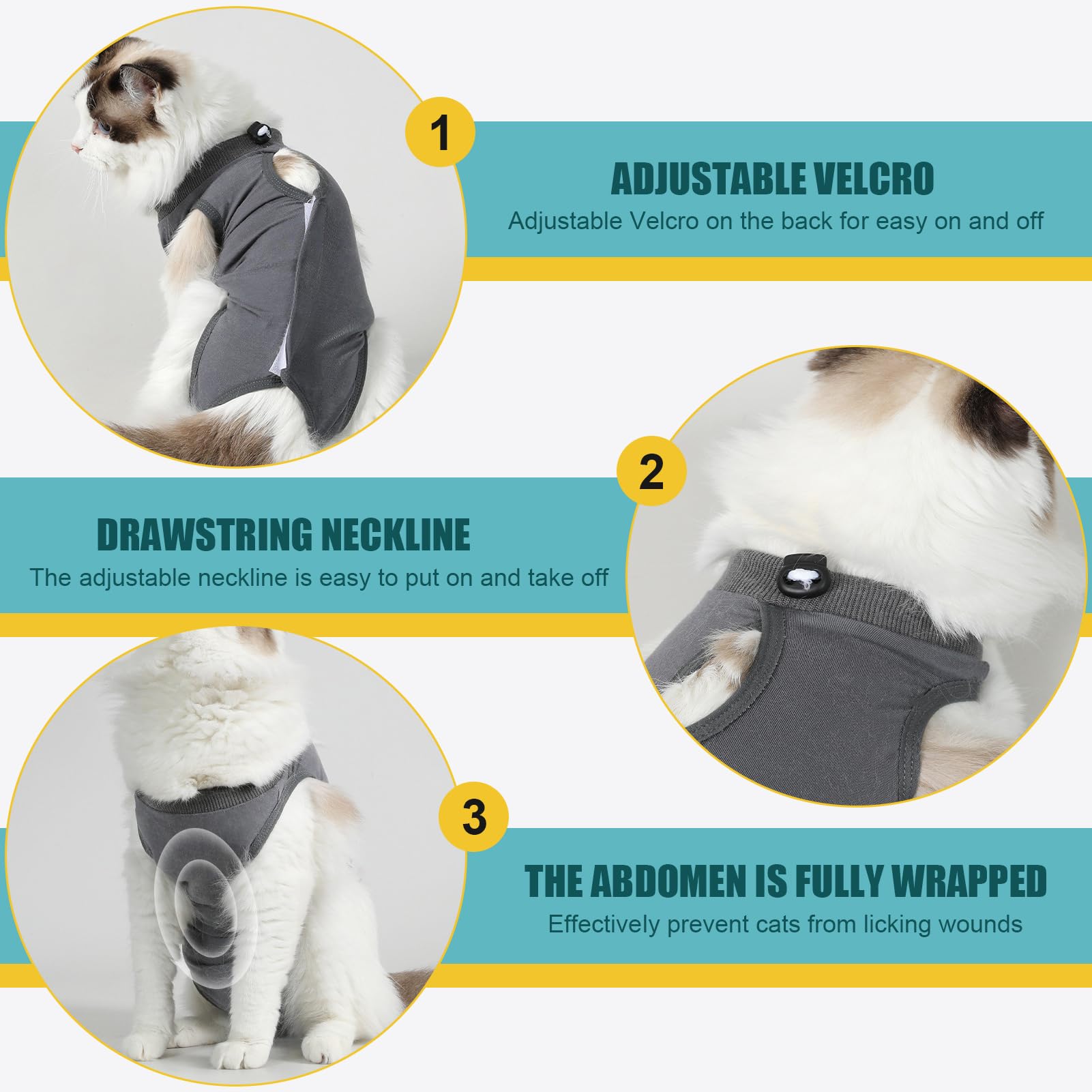 Body pour Chat après Stérilisation, Body Chat Post Opératoire pour Femelle & Mâle, Coton Doux, Protection Plaies Abdominales, Convient pour 3-5kg, Taille M - Gris