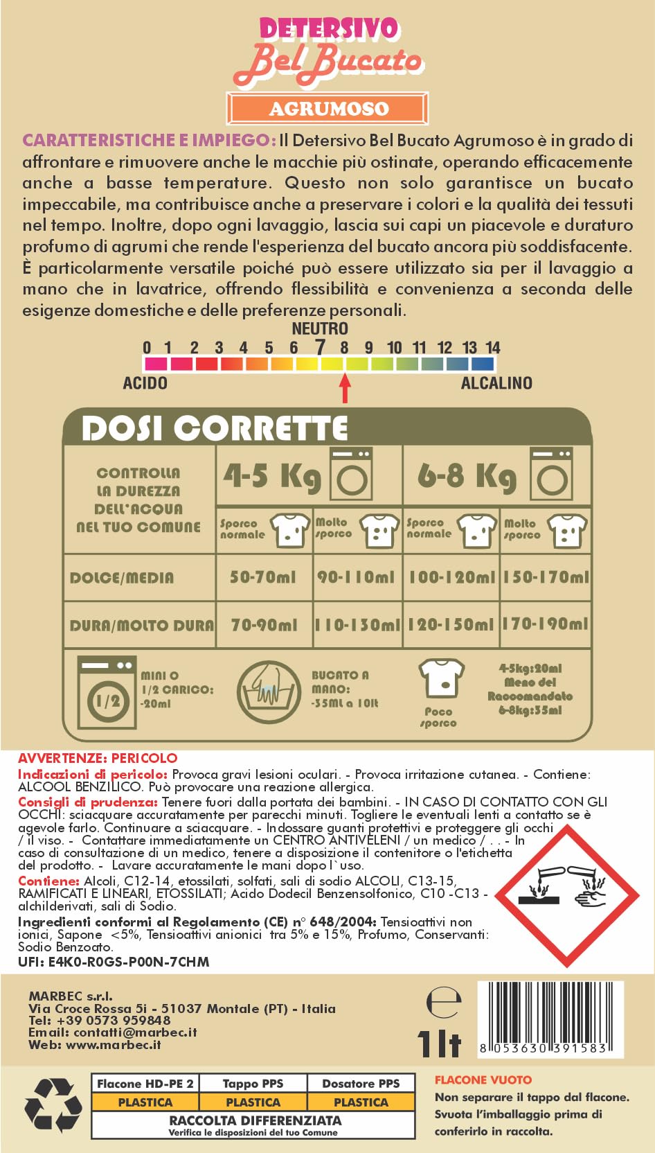 MARBEC DETERSIVO BelBucato Agrumoso 1LTx6PZ Detergente liquido per il bucato dal profumo fresco e agrumato. Elimina le macchie più ostinate anche a basse temperature