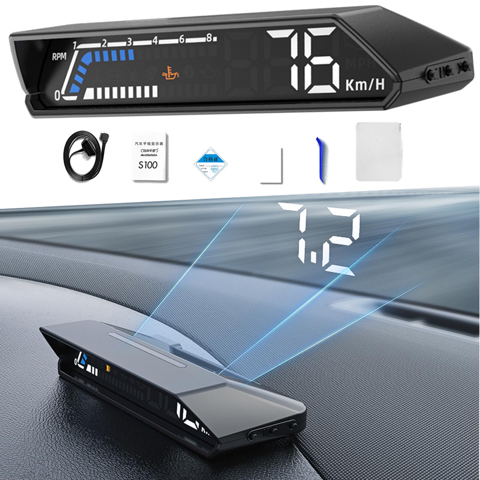 Display Head-Up Per Auto VISLONE - Tachimetro Digitale Con Proiezione, Allarmi Velocità, Giri, Temperatura, Tensione