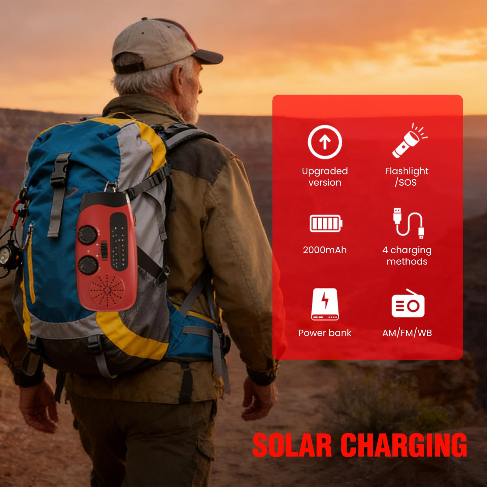 Kurbelradio mit Solar und LED Taschenlampe, 3-LED-Taschenlampe/AM/FM/Wetter/USB-Handyaufladung, Tragbar für Camping, Wandern & Notfallvorsorge