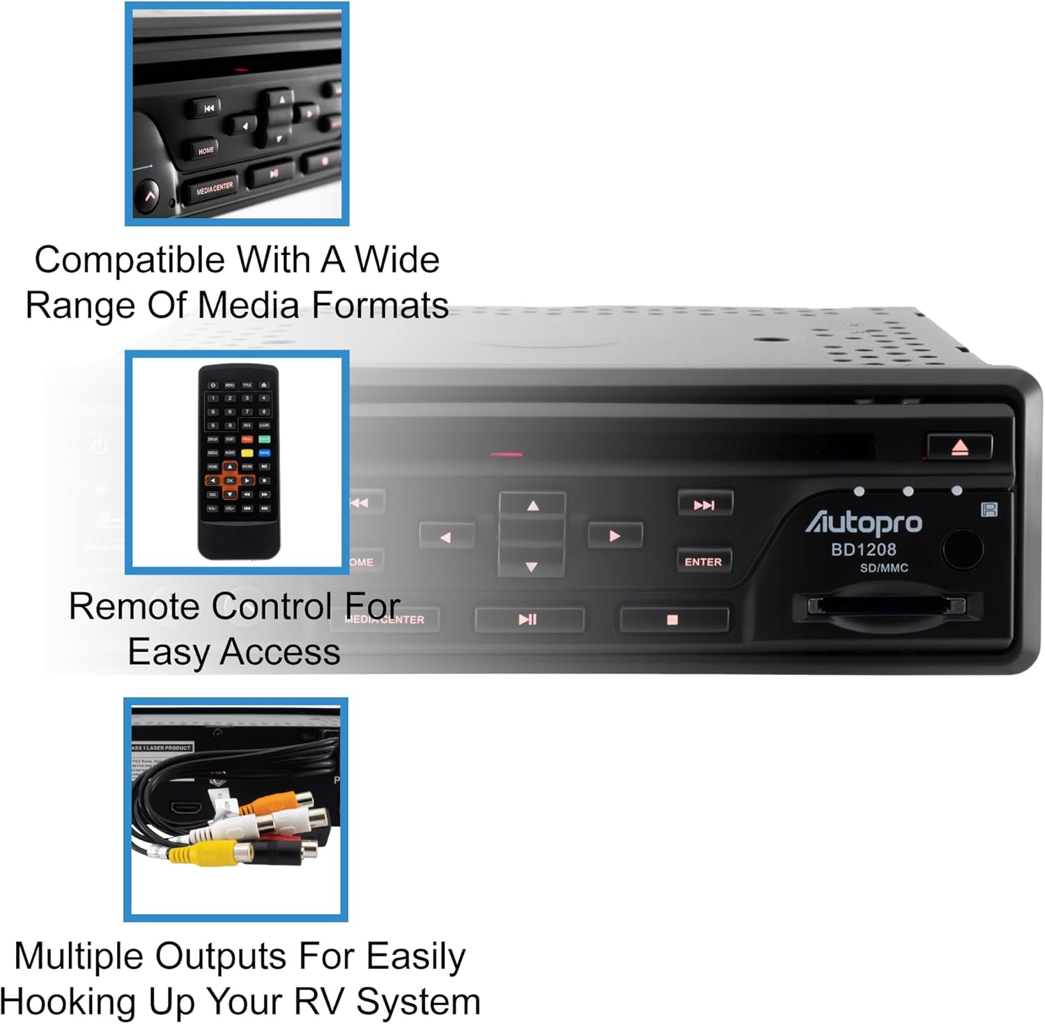 Autopro BD1208 In Dash One Din size Blu-Ray DVD Player without AM/FM radio, Black