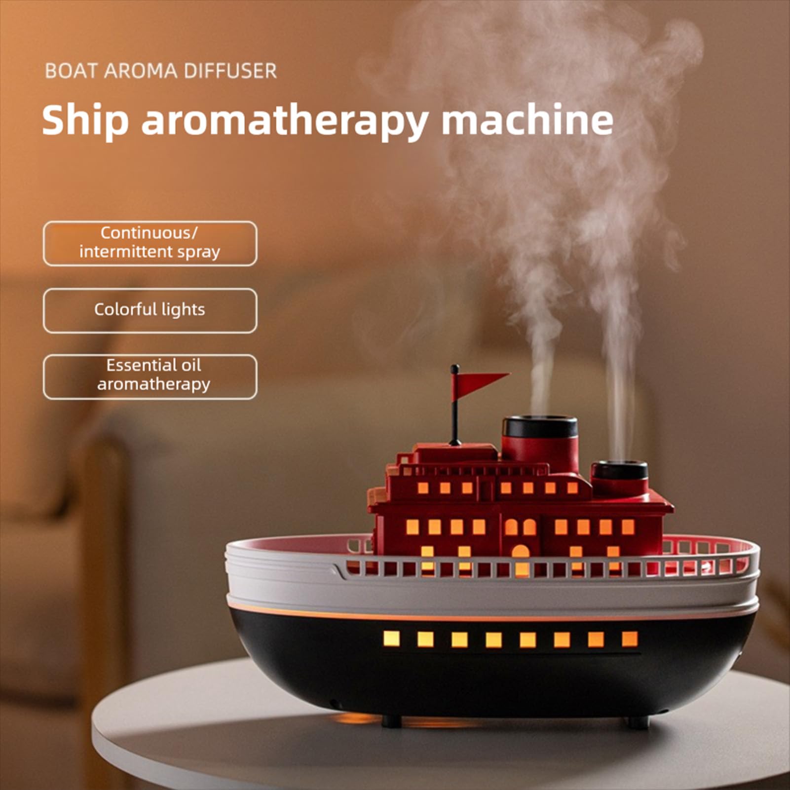 Diffusore di oli essenziali della nave di grande capacità di design retrò per la casa e l'ufficio 300 ml umidificatore alimentato tramite USB con luci colorate