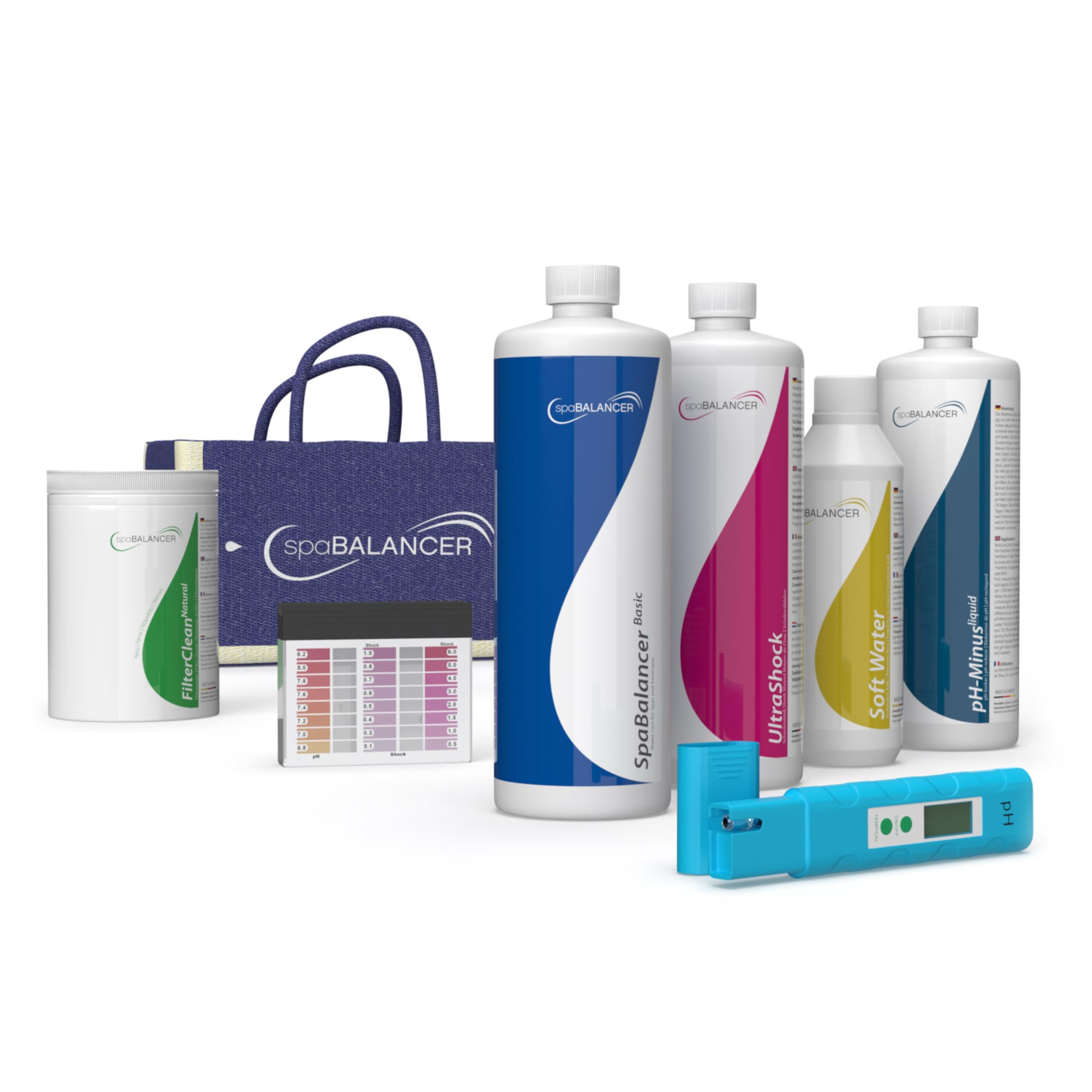 SpaBalancer Whirlpool Starter Set – Komplettes Wasserpflege Set für Whirlpool & Swim Spa – chlorfreie Spa Pflege, UltraShock, pH Minus, FilterClean, Pooltester – Cleverkauf