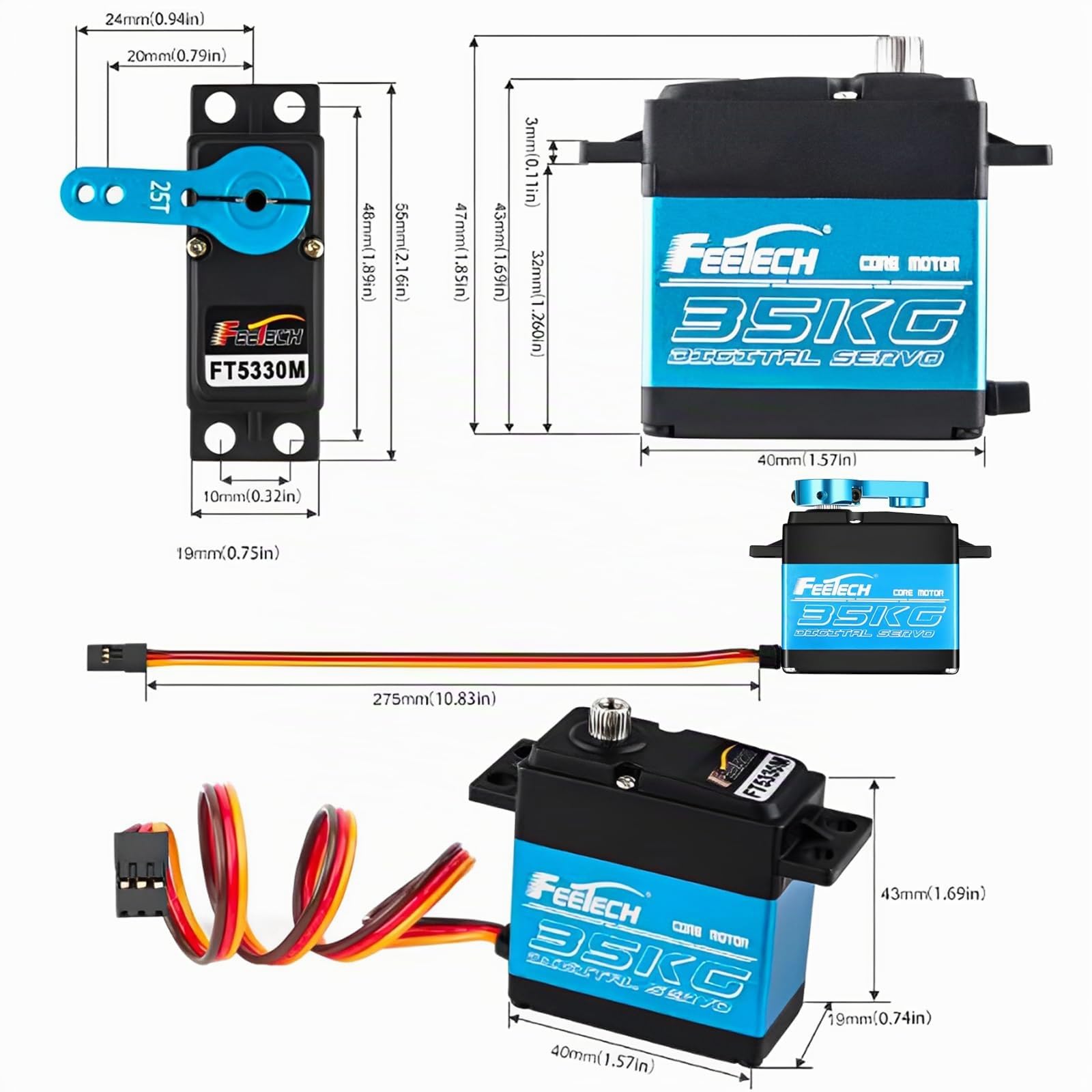 Feetech FT5330M Digitaler RC-Kern-Servomotor, 35 kg, wasserdicht, Metallgetriebe, 25T, Servo-Armhupe, 180 Grad, 6 V-7,4 V, für Metallgetriebe, 1/8, 1/10, Baja-Auto (2 Stück)